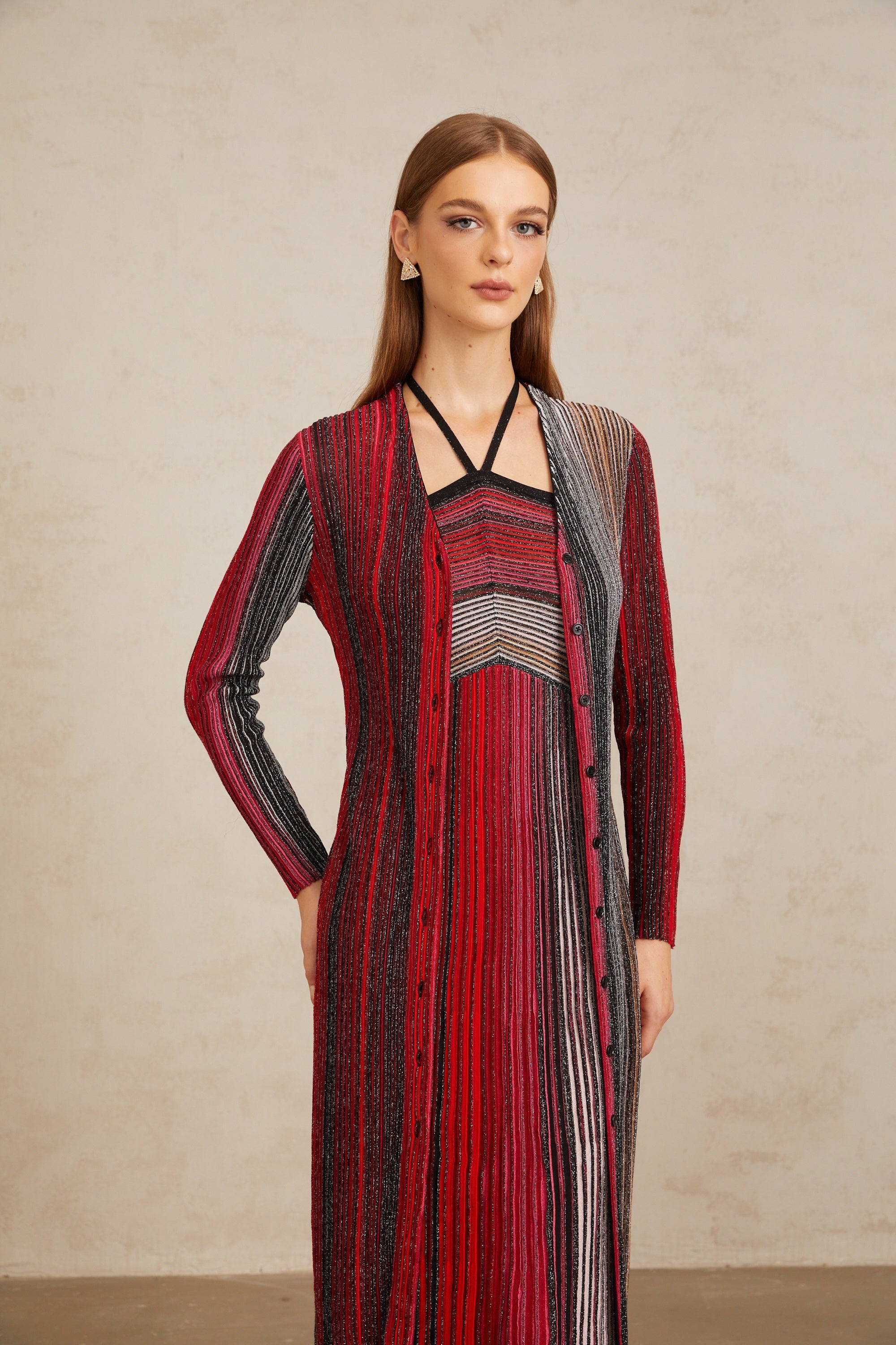 Ulysse Red Metallic Knit Long Cardigan (Final Sale)