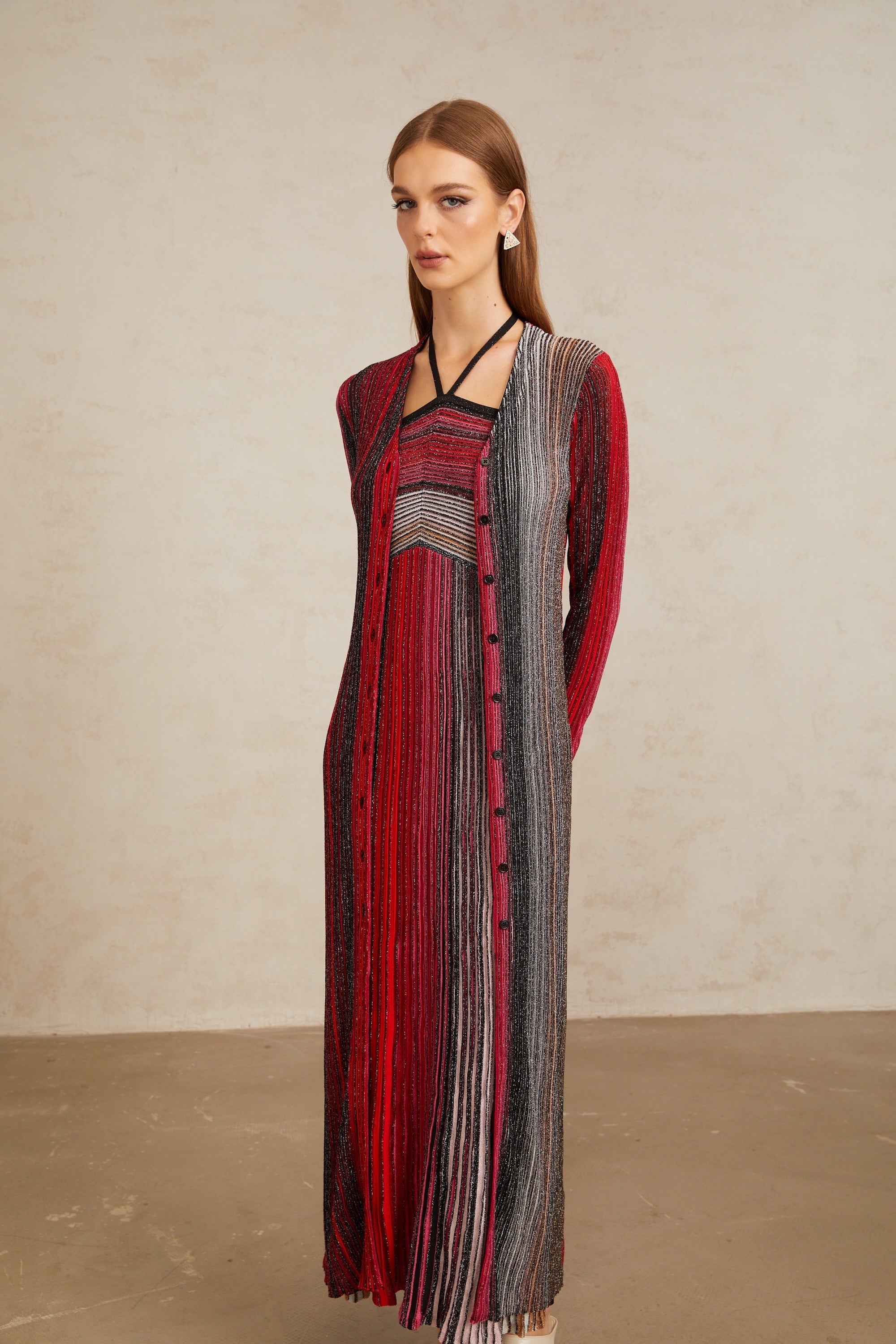 Ulysse Red Metallic Knit Long Cardigan (Final Sale)