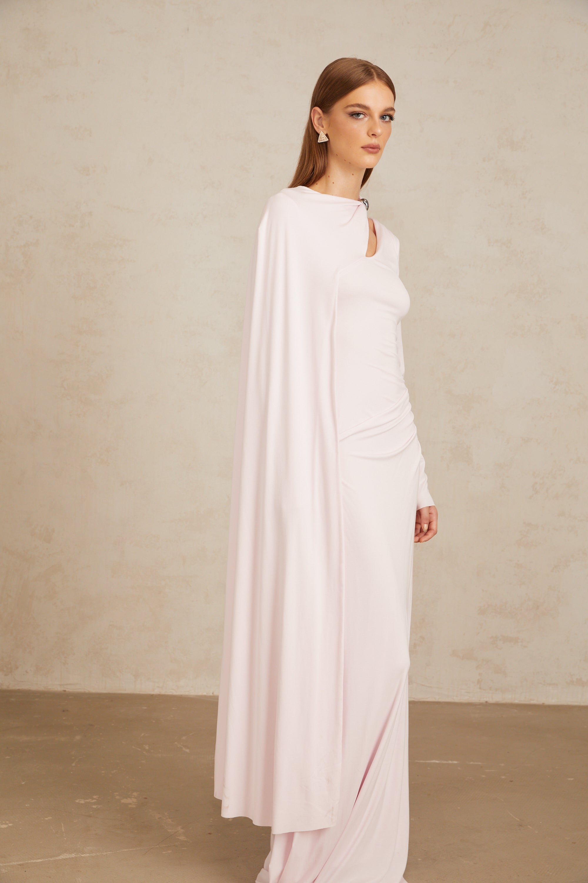 Josette Pink Diagonal Shawl Fitted Maxi Dress