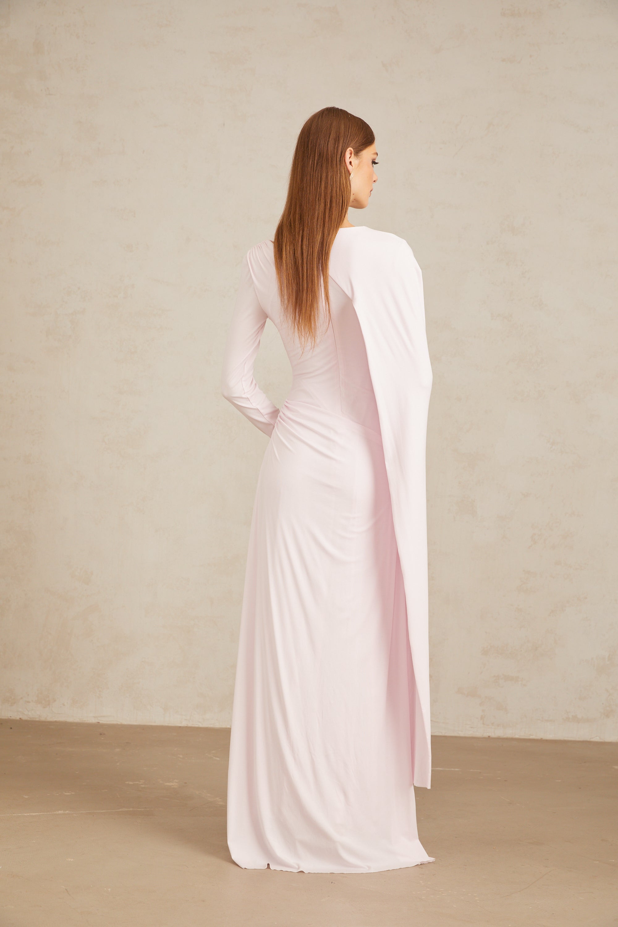 Josette Pink Diagonal Shawl Fitted Maxi Dress