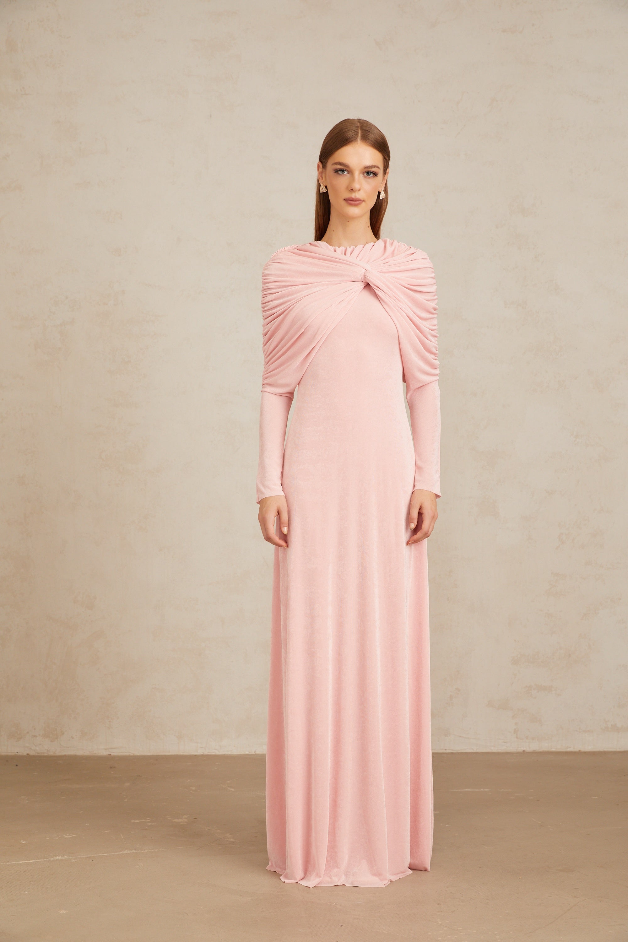 Moderne Pink Shawl Panel Ruched Maxi Dress (Final Sale-US Only)