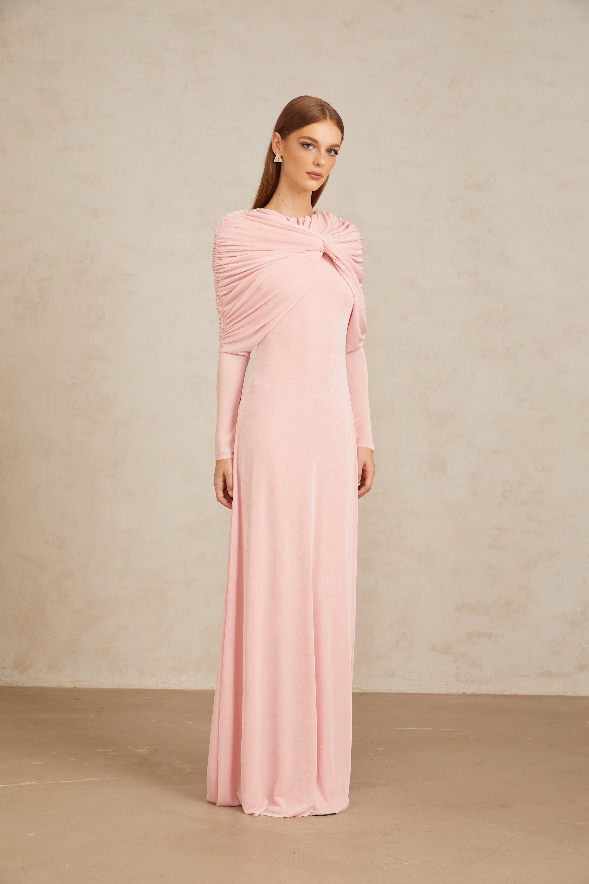 Moderne Pink Shawl Panel Ruched Maxi Dress (Final Sale-US Only)
