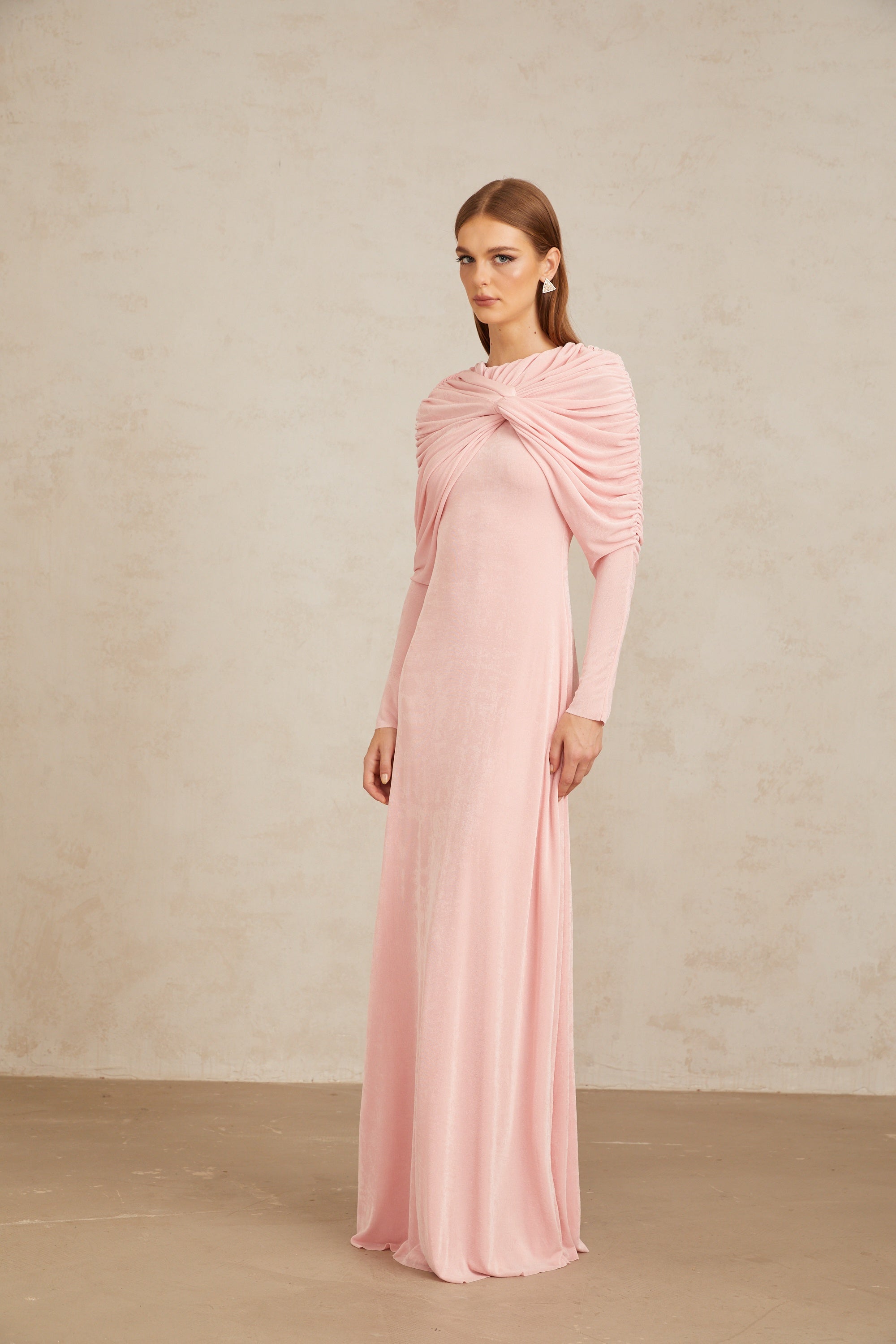 Moderne Pink Shawl Panel Ruched Maxi Dress (Final Sale-US Only)