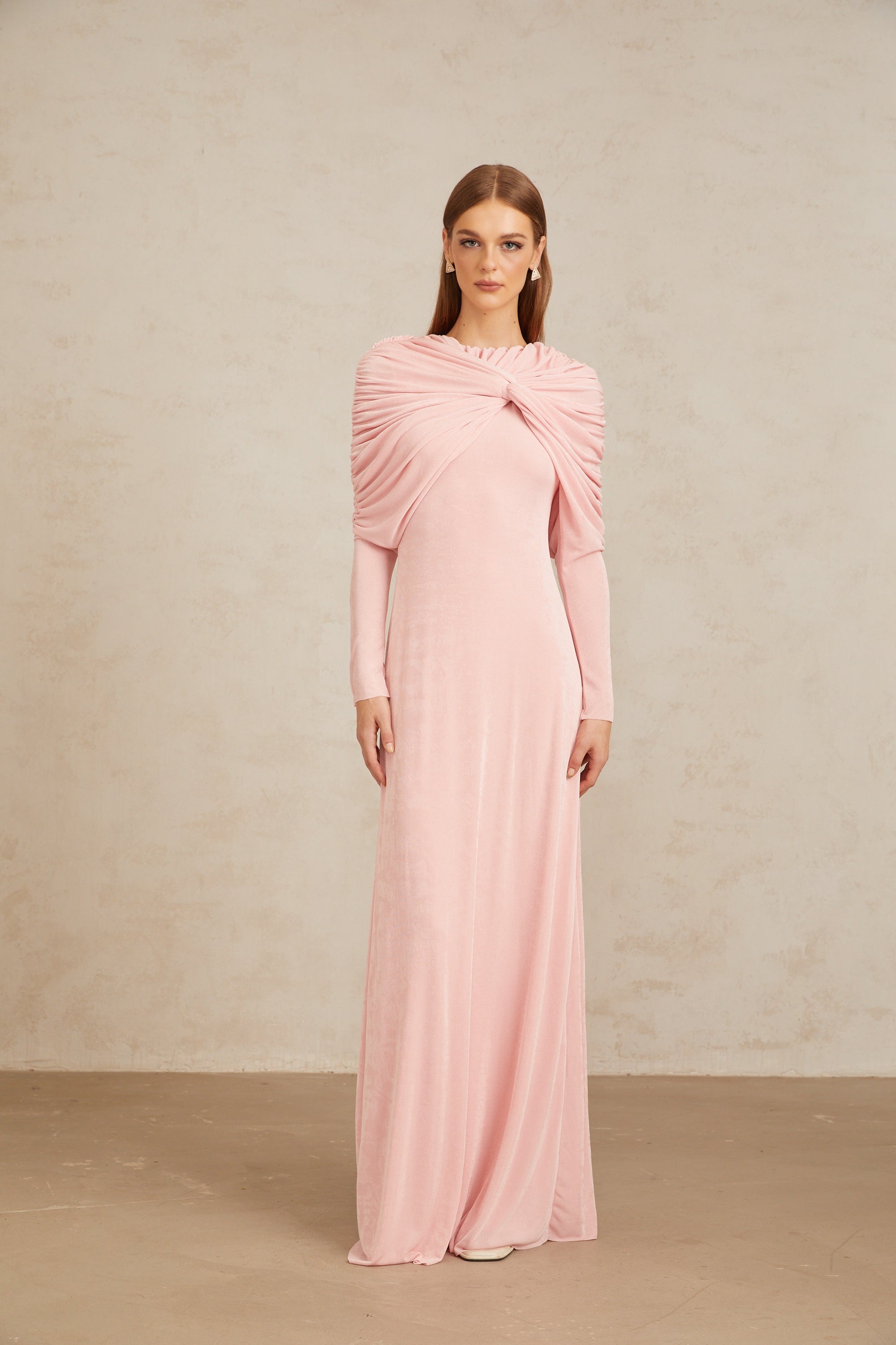 Moderne Pink Shawl Panel Ruched Maxi Dress (Final Sale-US Only)