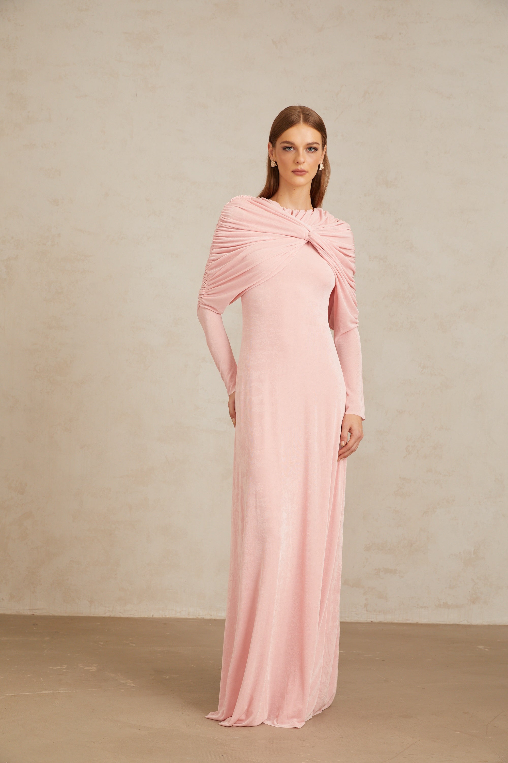 Moderne Pink Shawl Panel Ruched Maxi Dress (Final Sale-US Only)