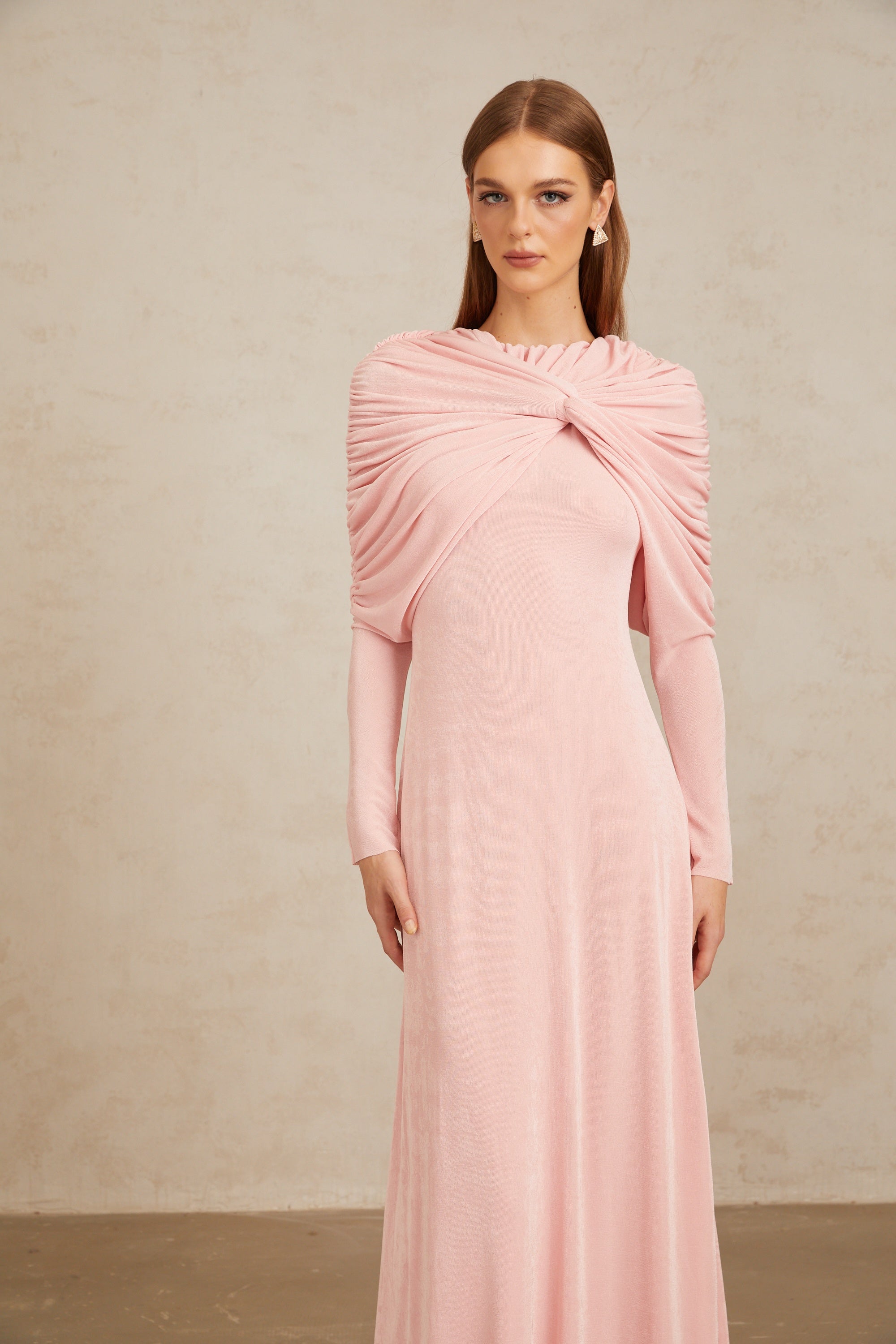 Moderne Pink Shawl Panel Ruched Maxi Dress (Final Sale-US Only)
