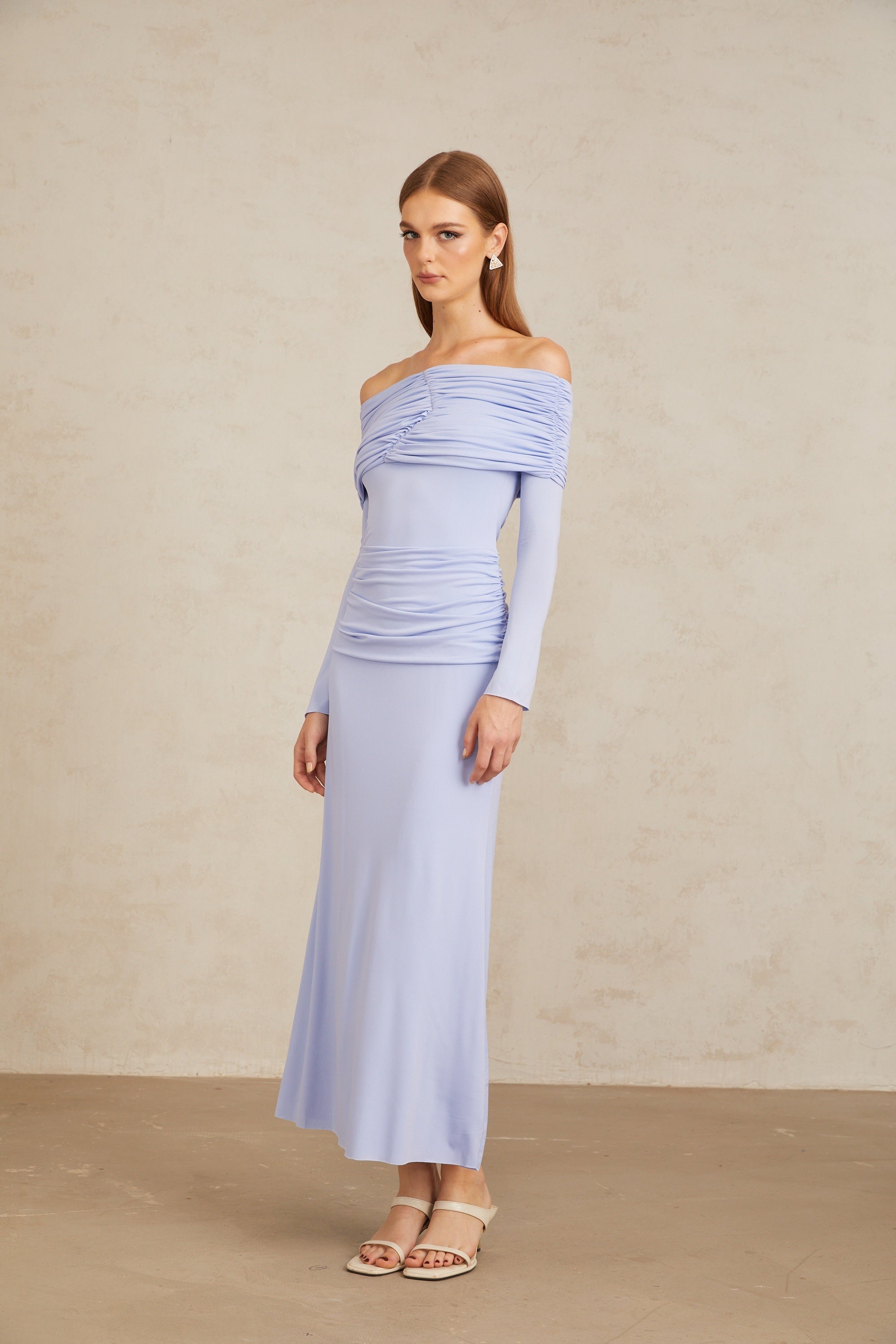 Katia Light Blue Off-Shoulder Ruched Maxi Dress