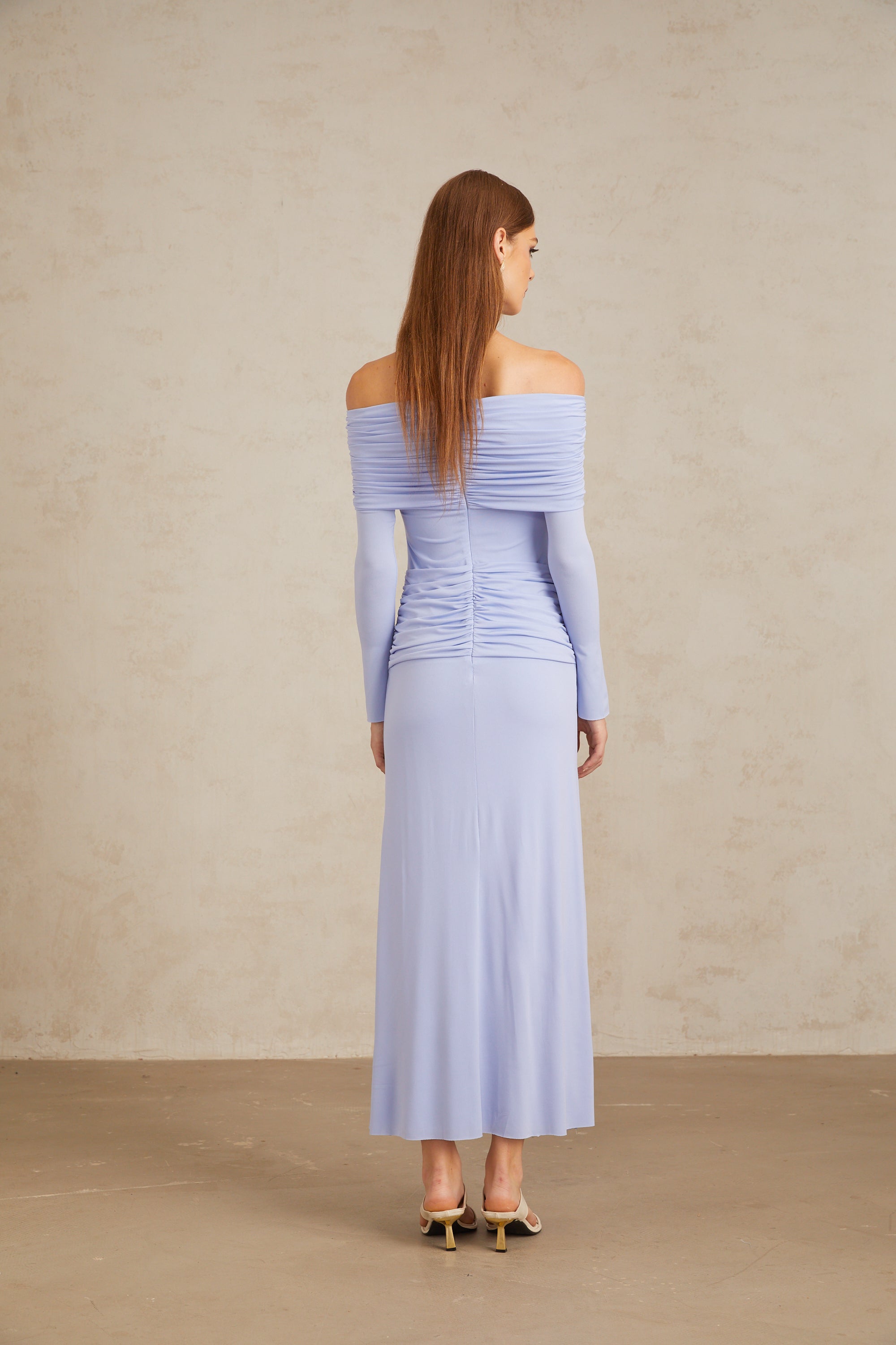 Katia Light Blue Off-Shoulder Ruched Maxi Dress