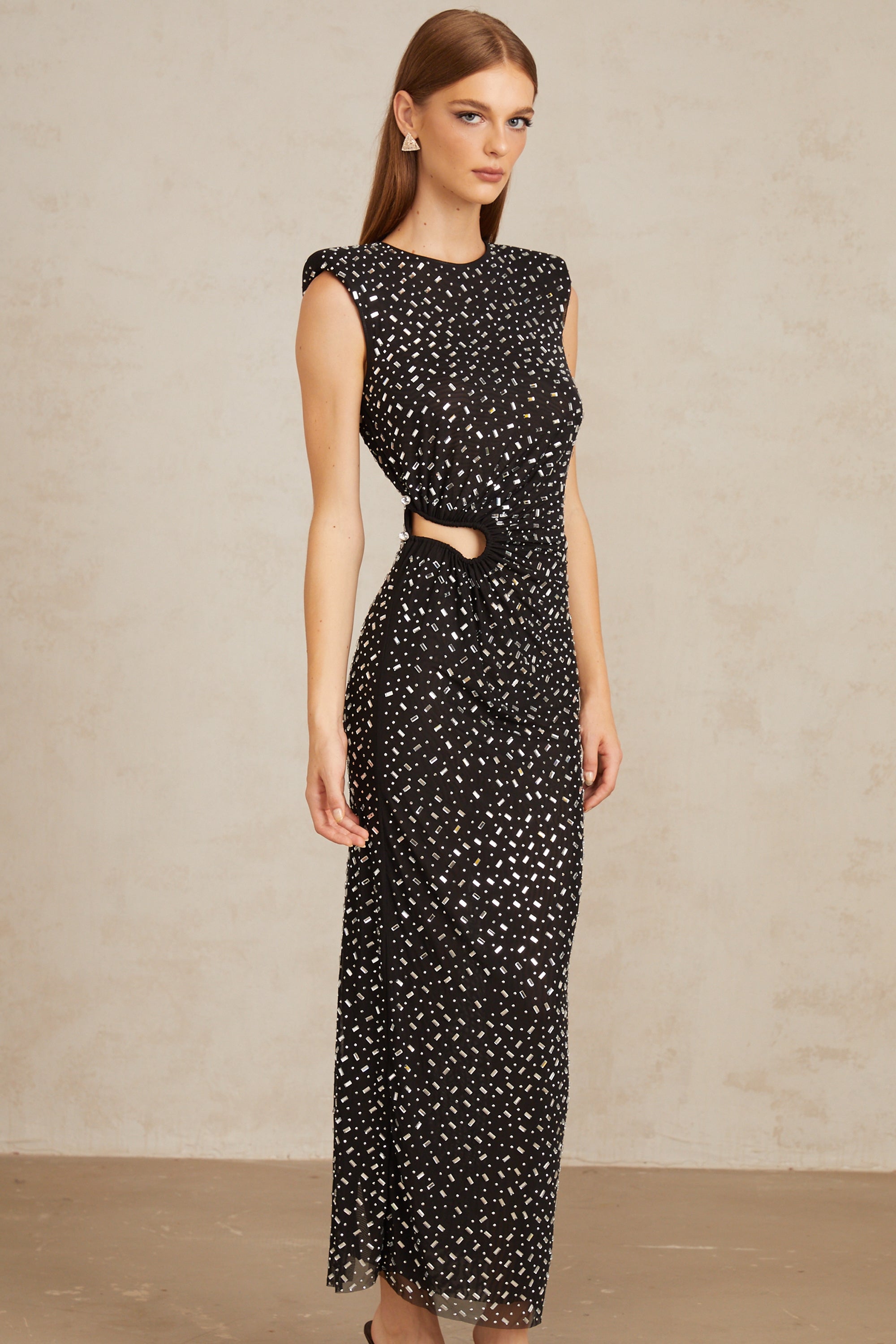 Félicie Black Embellished Mesh Maxi Gown