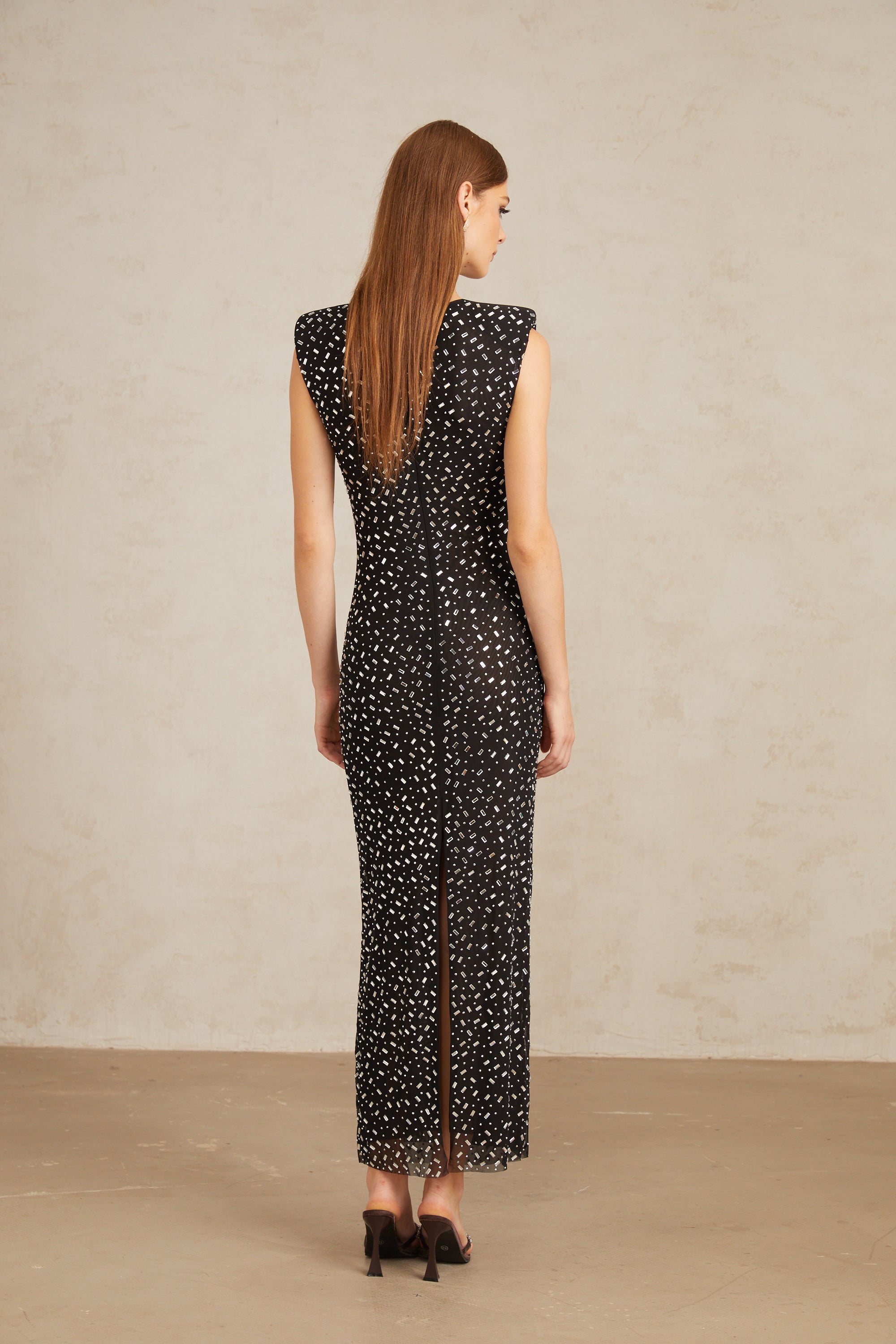 Félicie Black Embellished Mesh Maxi Gown