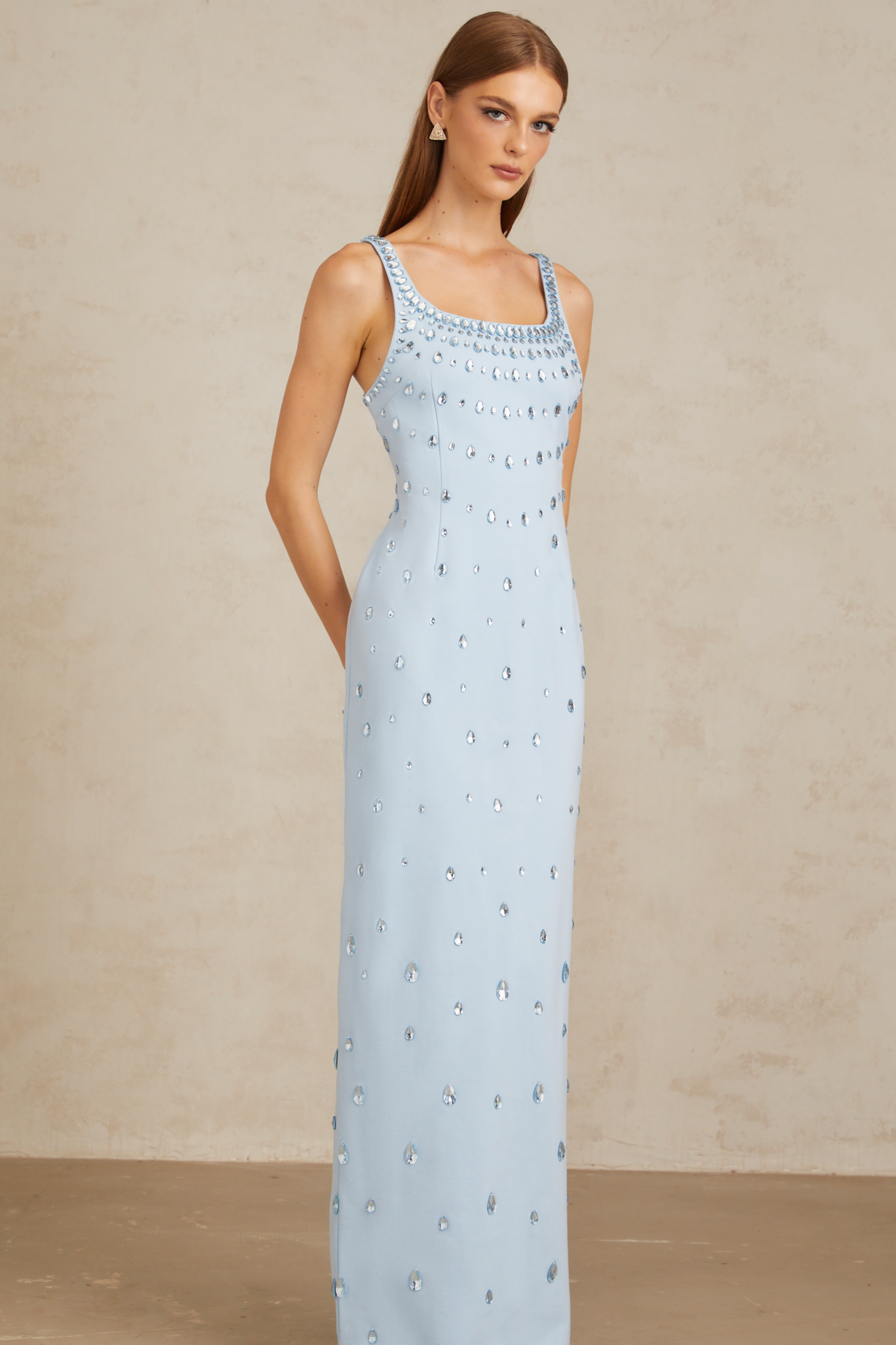 Meris Blue Crystal Embellished Maxi Gown