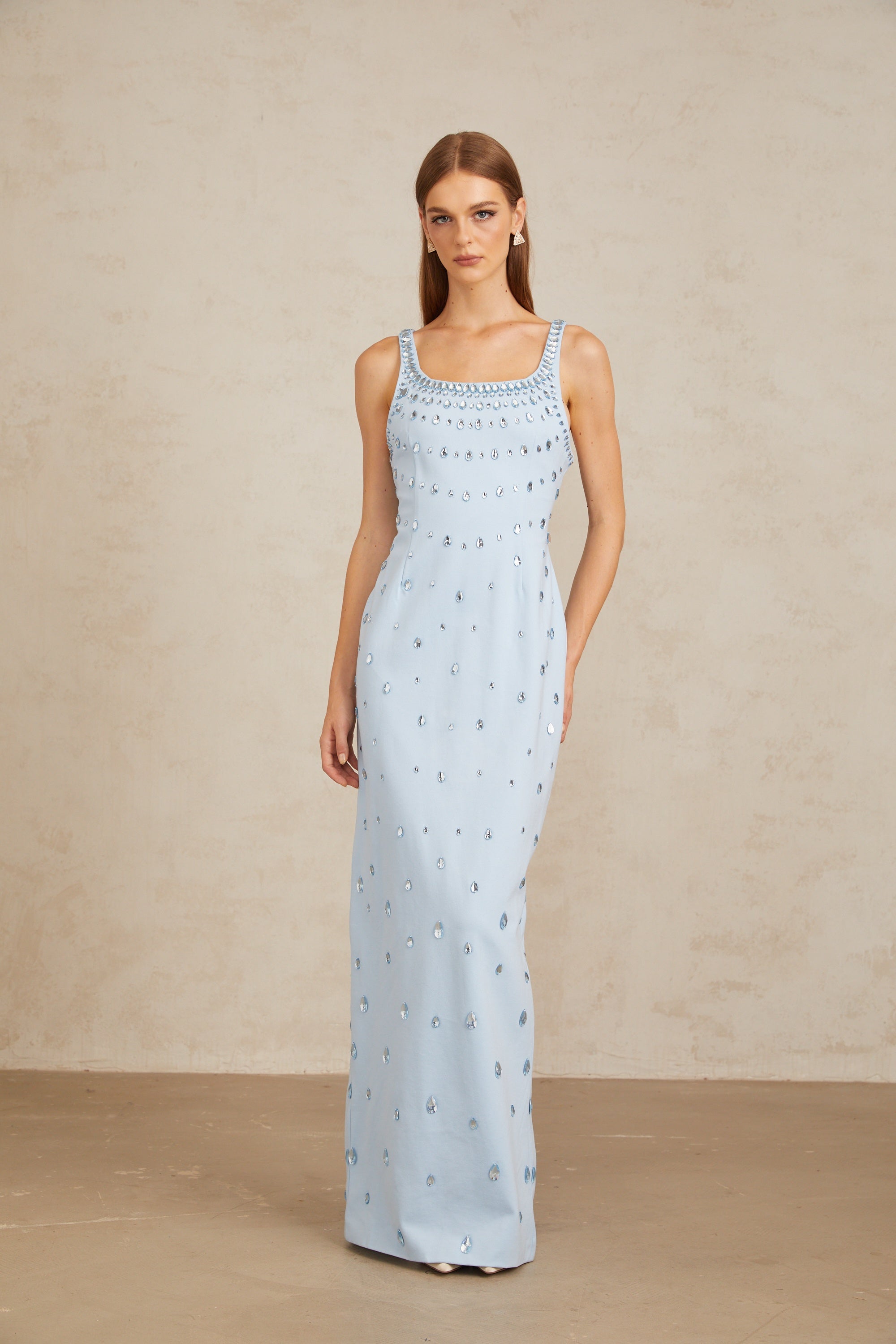 Meris Blue Crystal Embellished Maxi Gown