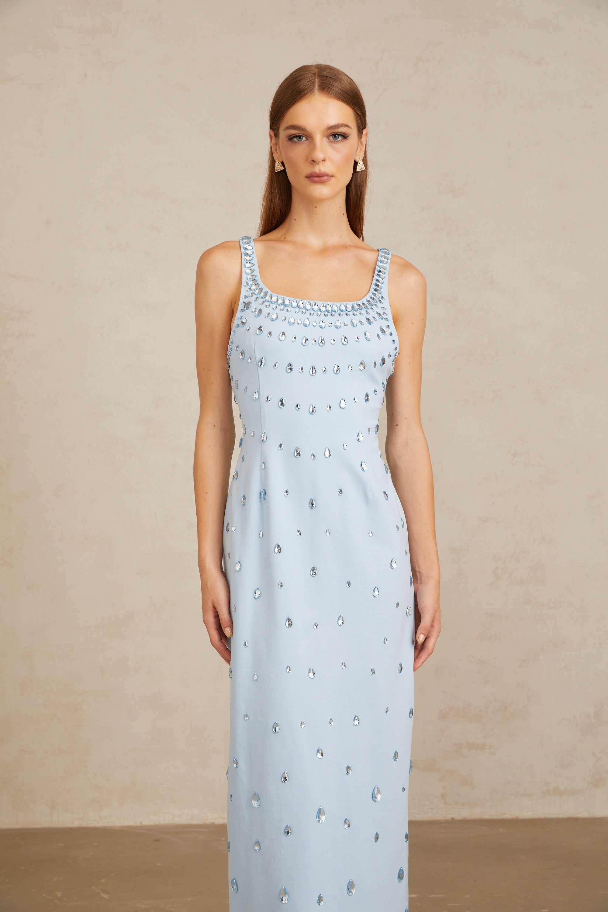 Meris Blue Crystal Embellished Maxi Gown