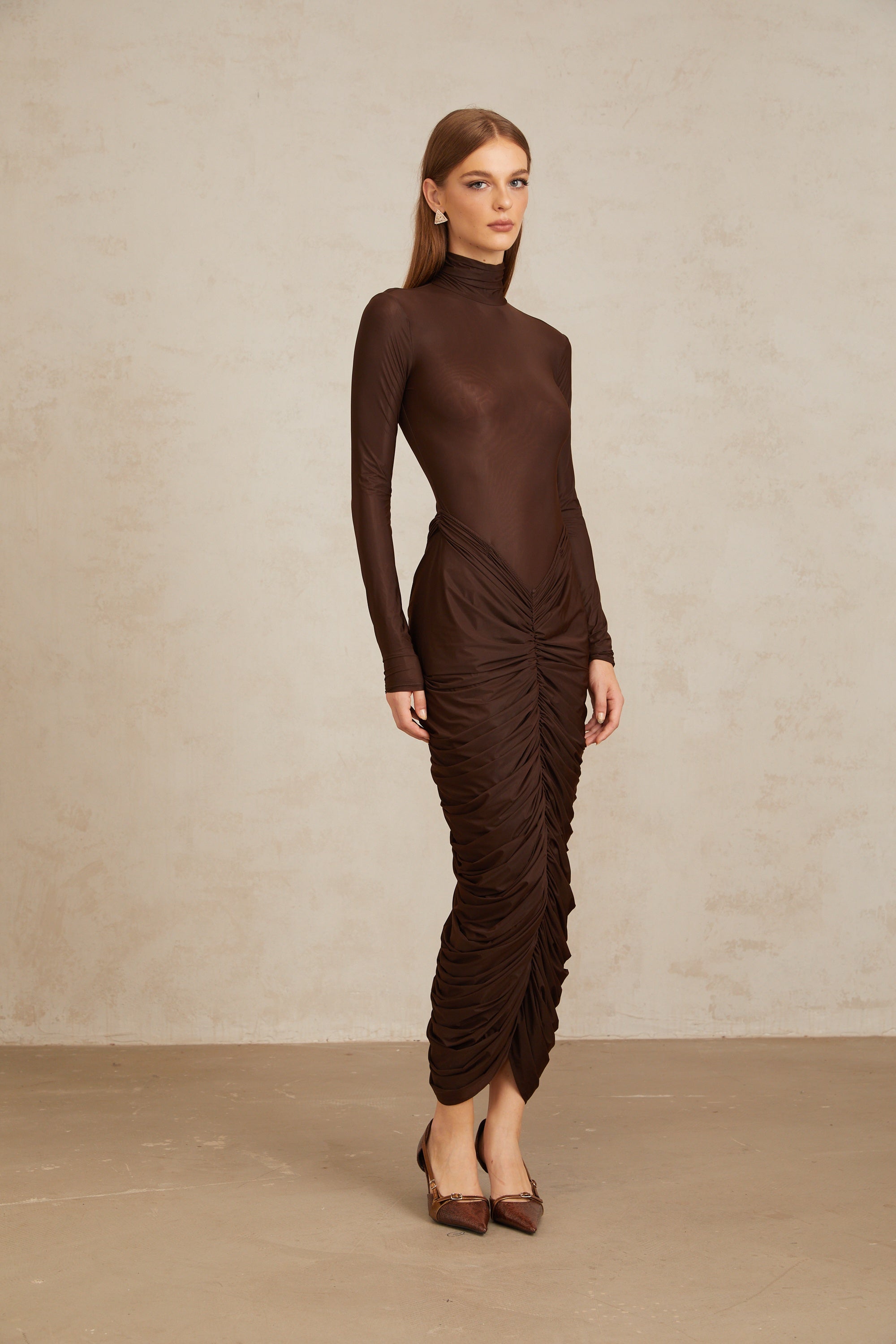 Charitina Brown Fitted Ruched Midi Dress (Final Sale-US Only)