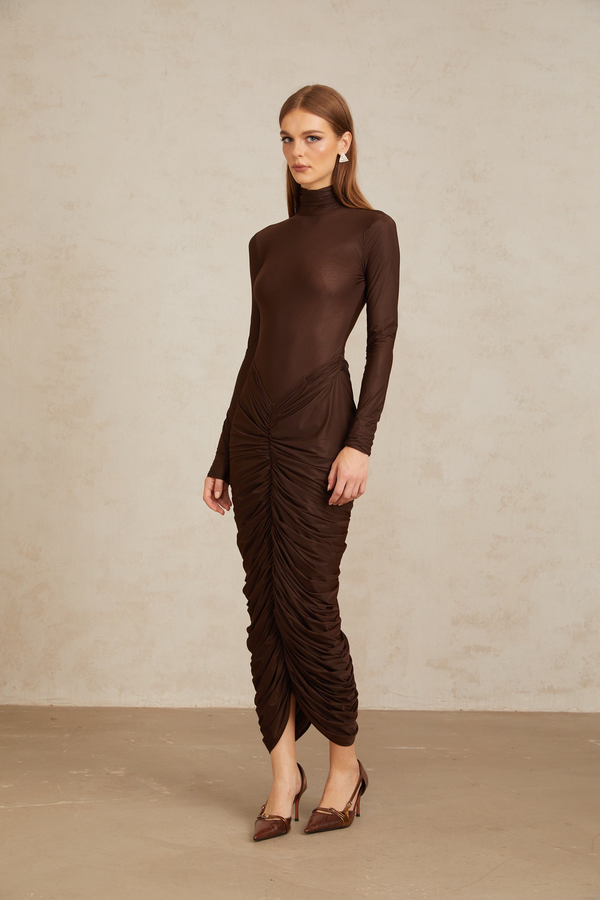 Charitina Brown Fitted Ruched Midi Dress (Final Sale-US Only)