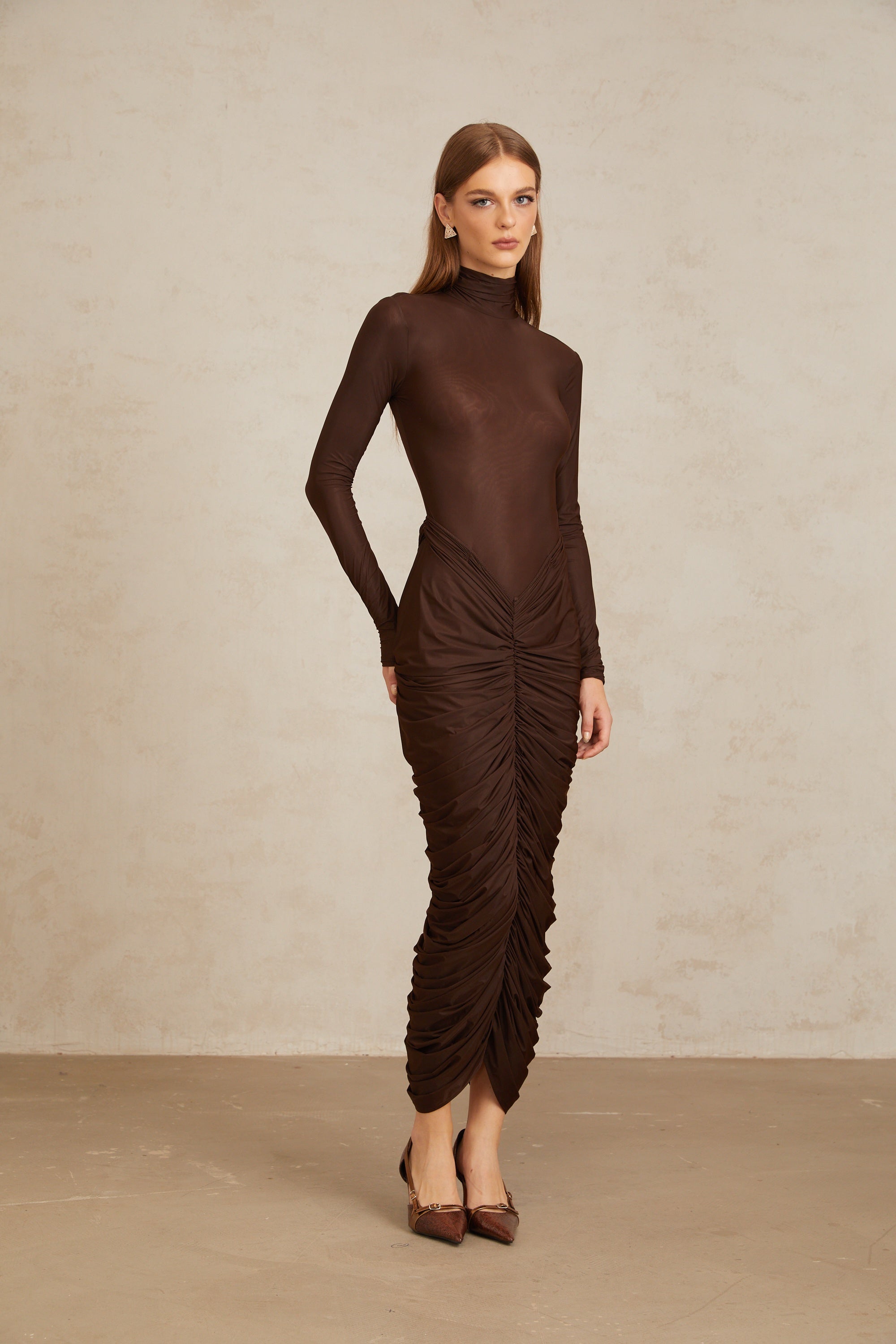 Charitina Brown Fitted Ruched Midi Dress (Final Sale-US Only)