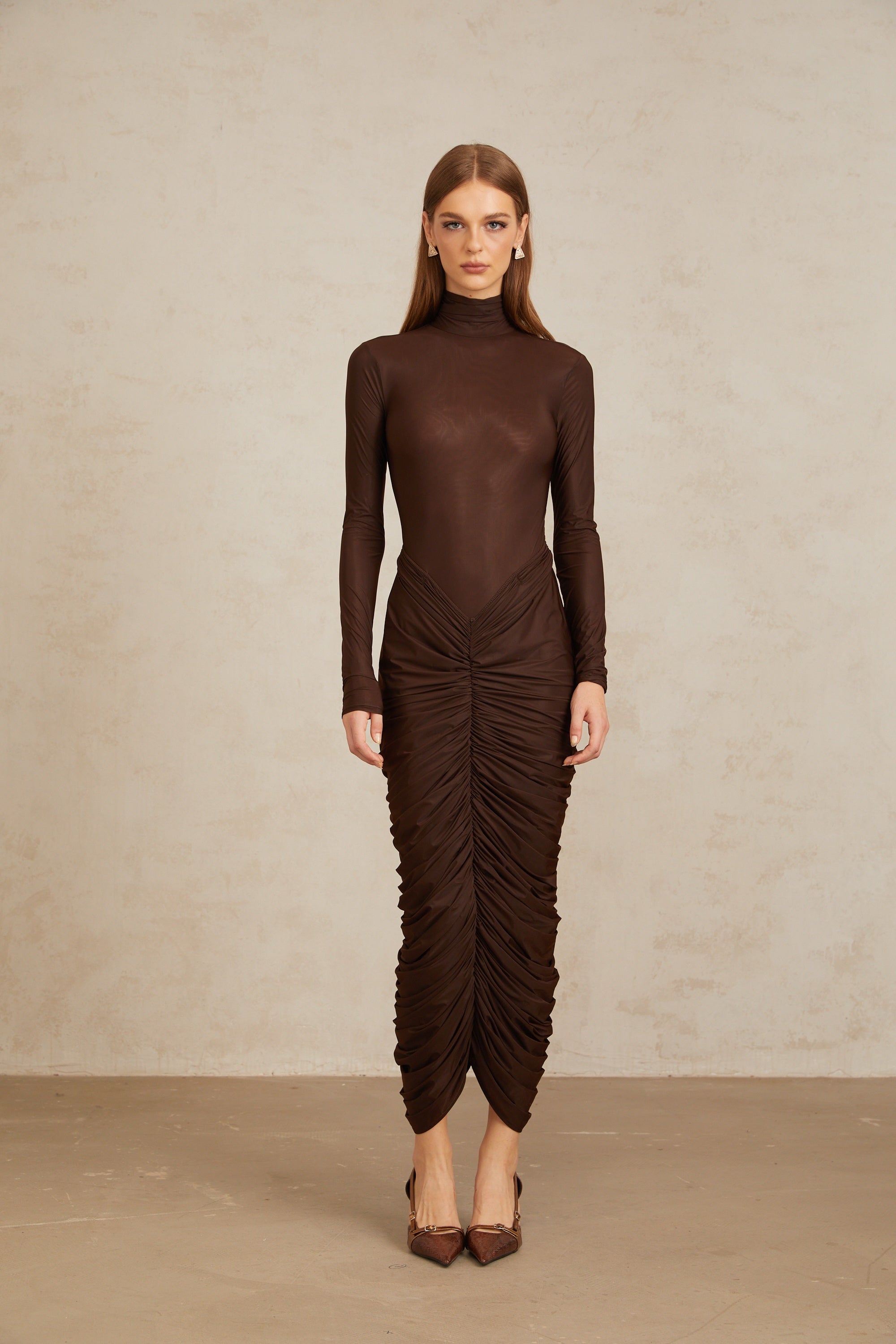 Charitina Brown Fitted Ruched Midi Dress