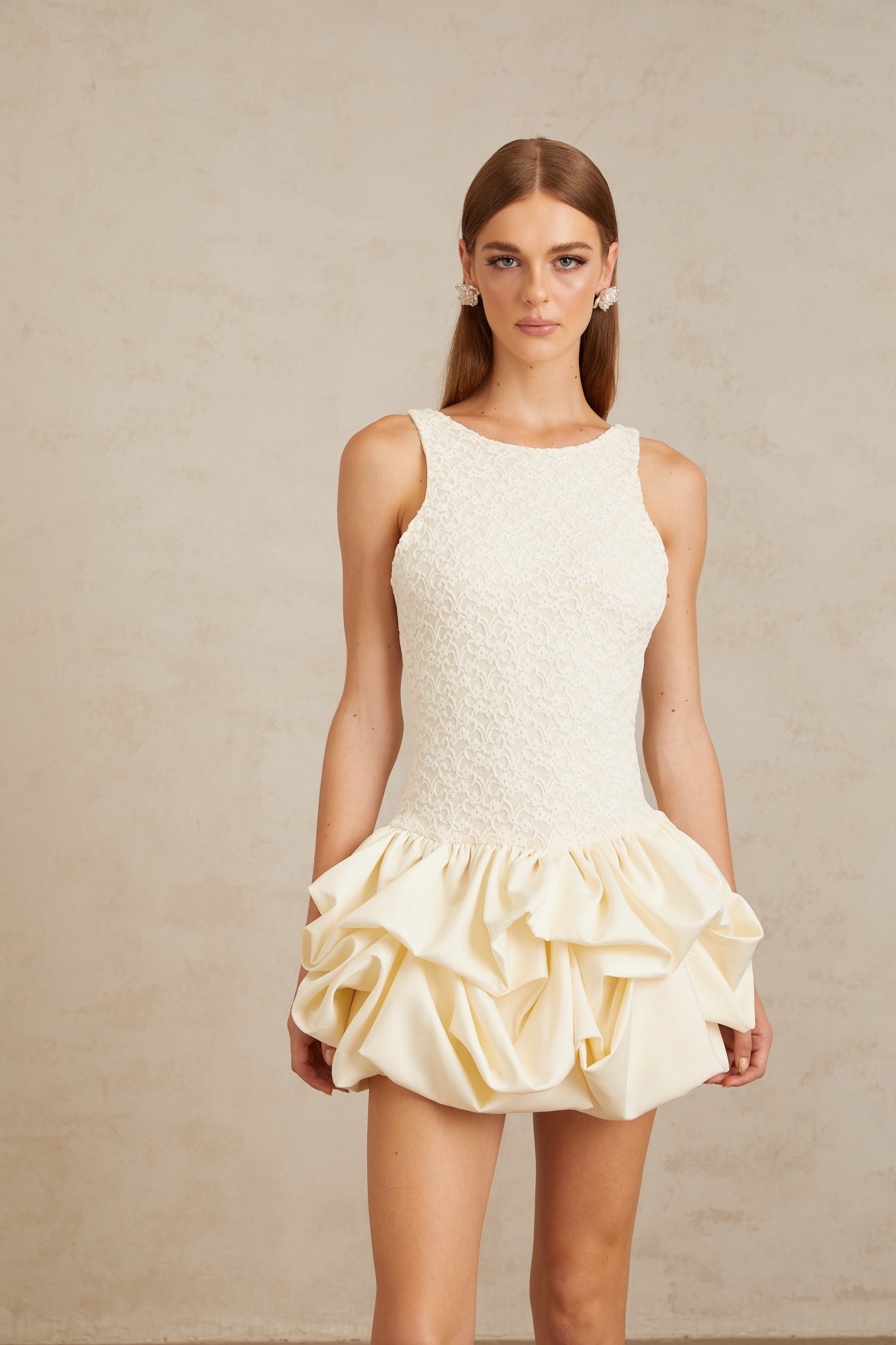 Enjouée Neutral Bubble Floral Lace Mini Dress