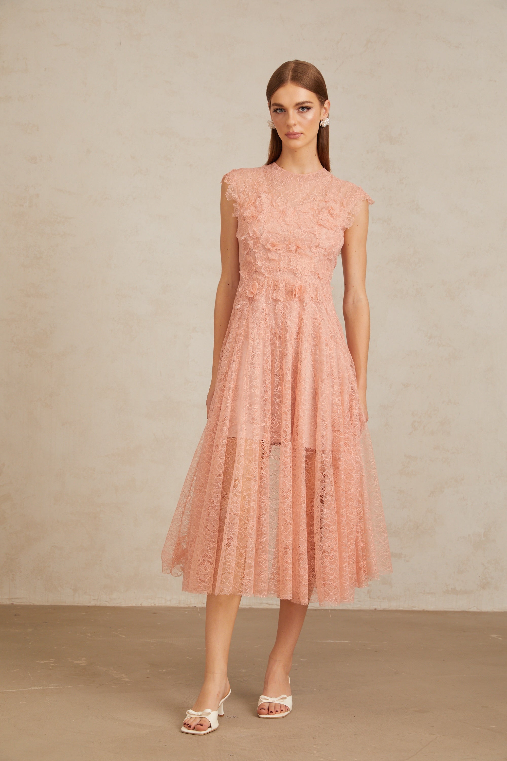 Aila Pink Shirred Guipure Lace Midi Dress