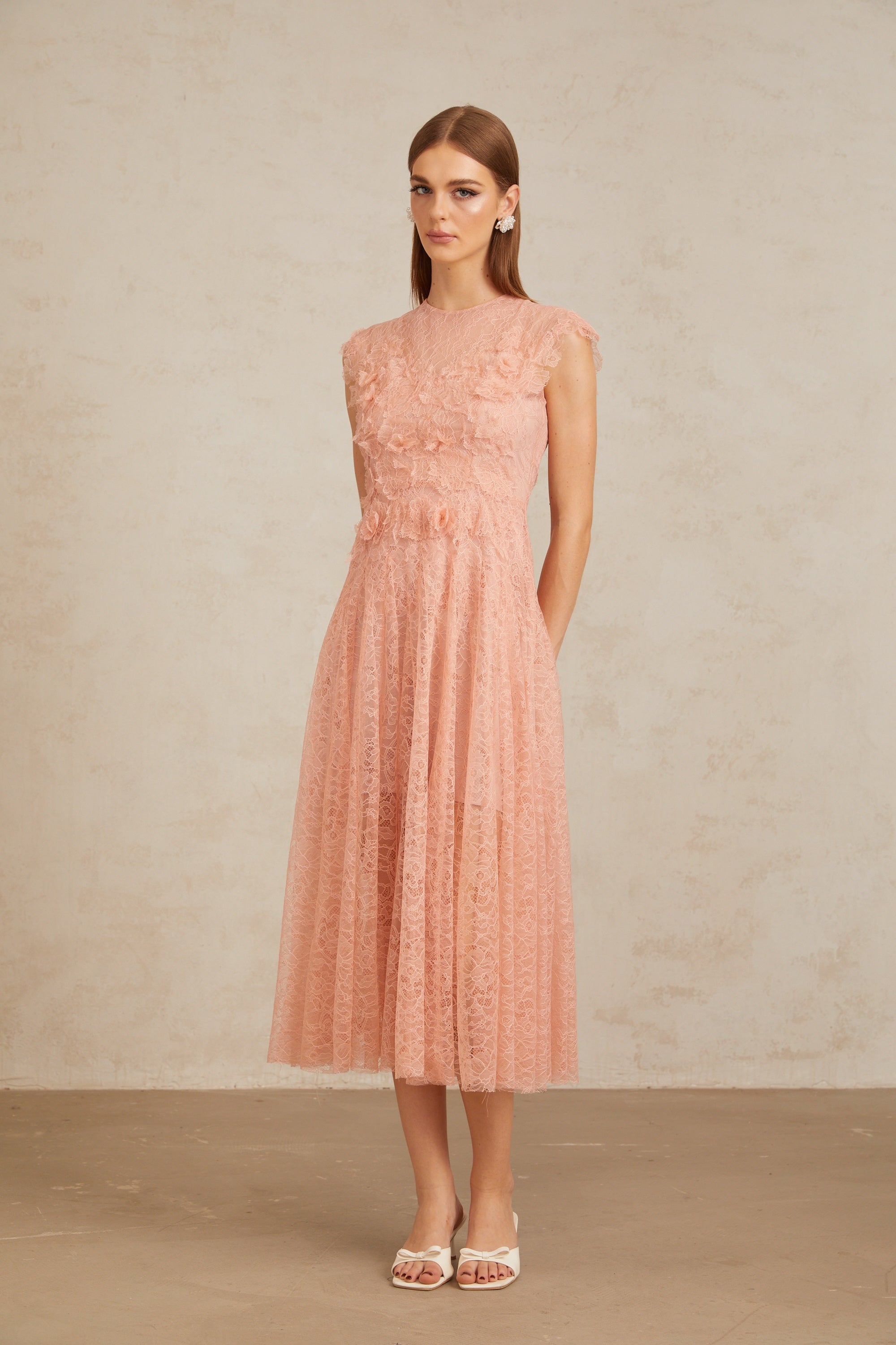 Aila Pink Shirred Guipure Lace Midi Dress