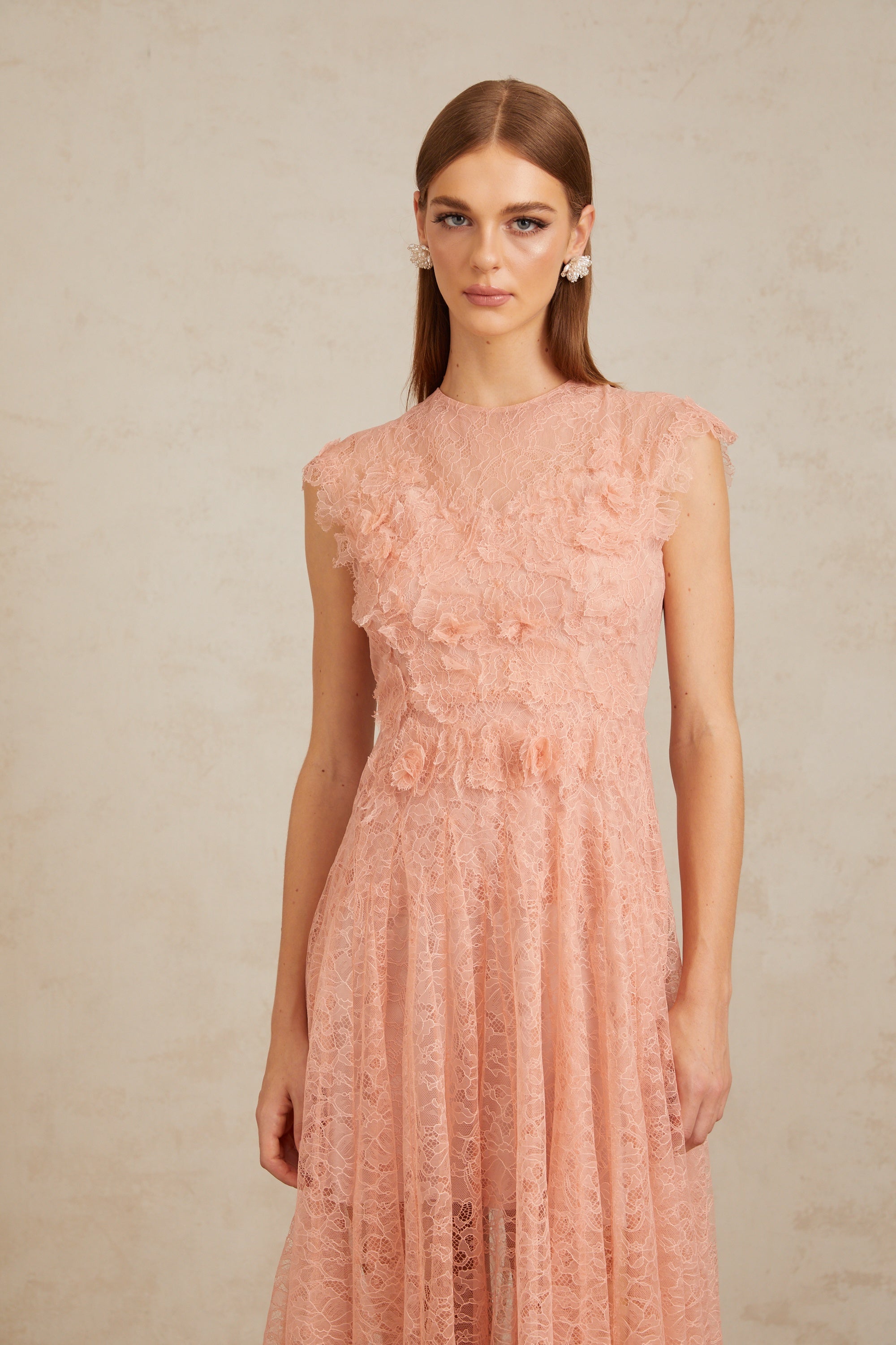 Aila Pink Shirred Guipure Lace Midi Dress (Final Sale-US Only)