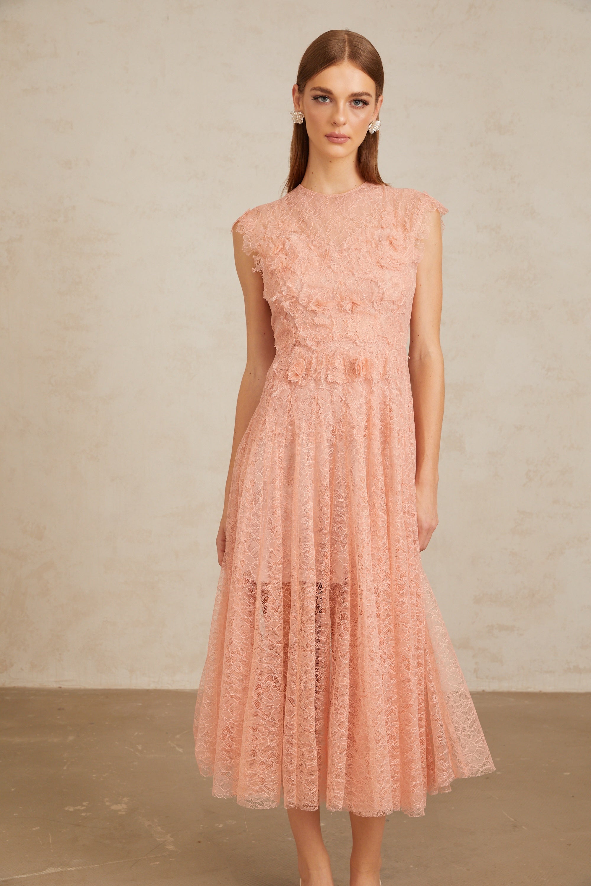 Aila Pink Shirred Guipure Lace Midi Dress