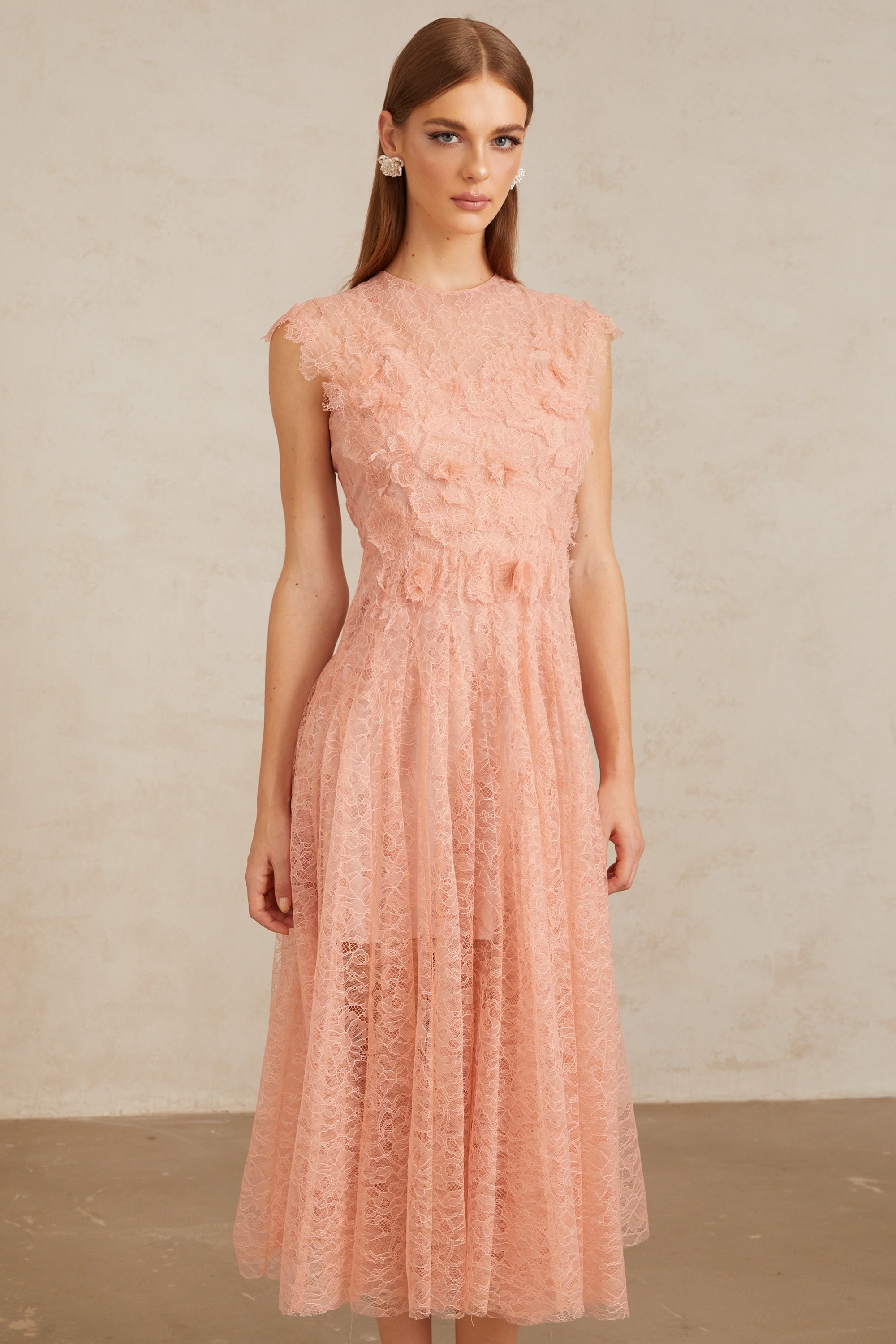 Aila Pink Shirred Guipure Lace Midi Dress (Final Sale-US Only)