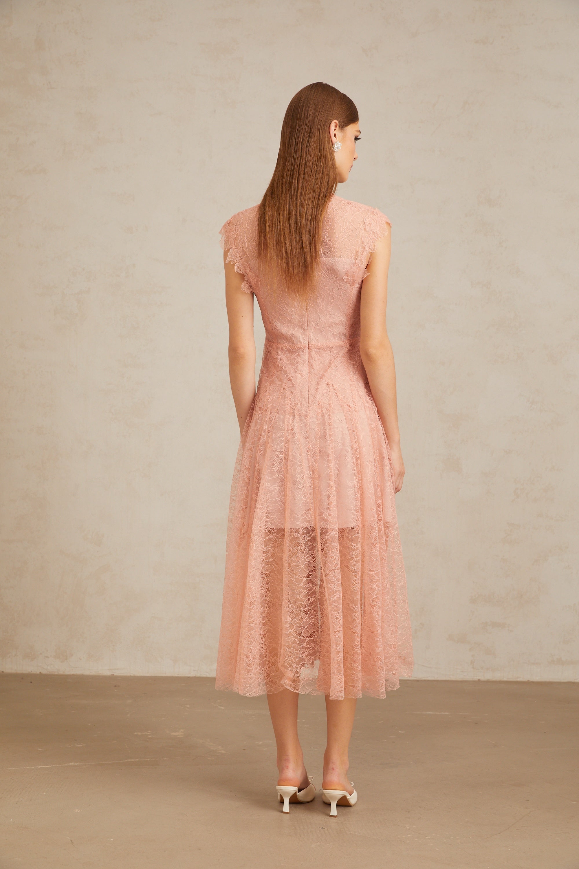 Aila Pink Shirred Guipure Lace Midi Dress