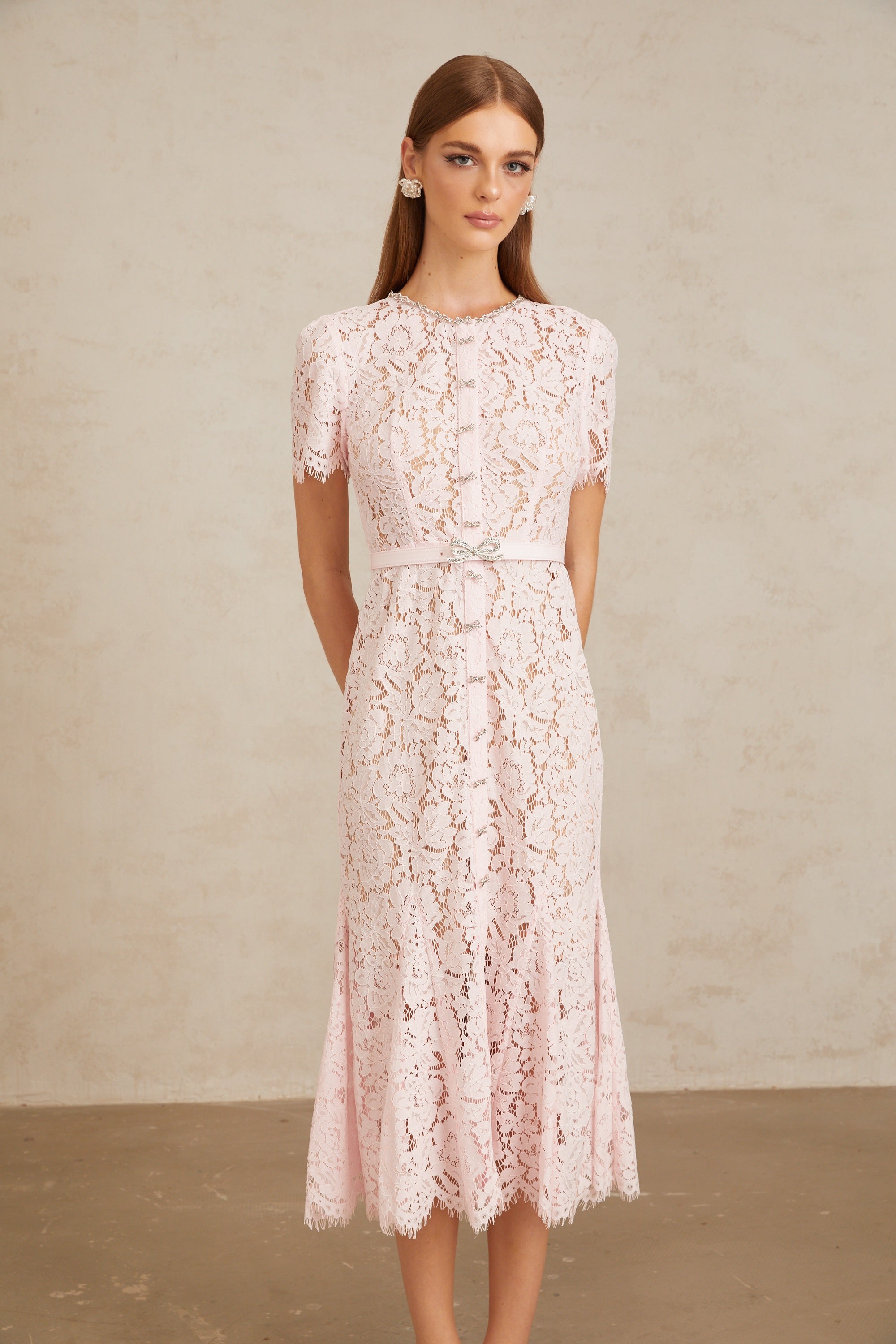 Sabine Pink Floral Lace Mermaid Midi Dress (Final Sale-US Only)