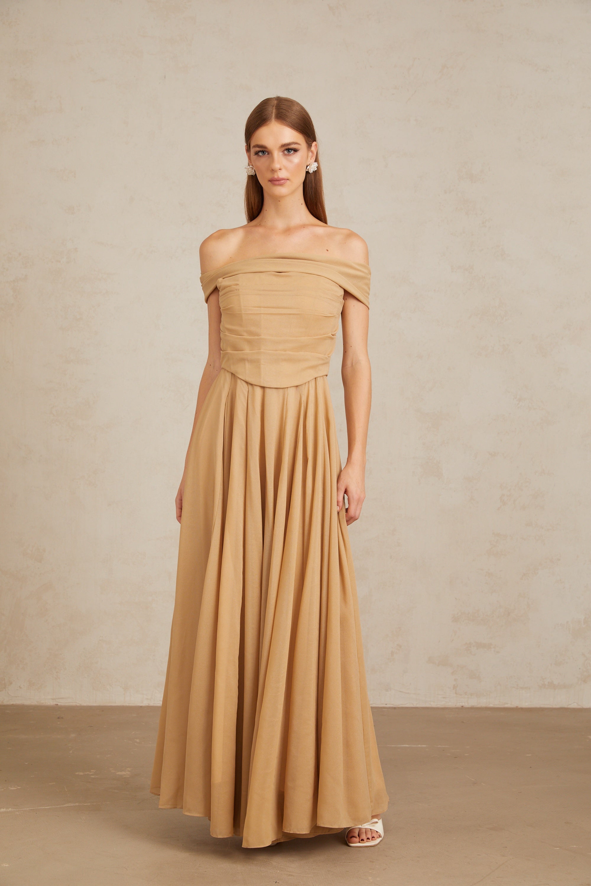 Urbaine Khaki Ruched Tulle Maxi Dress