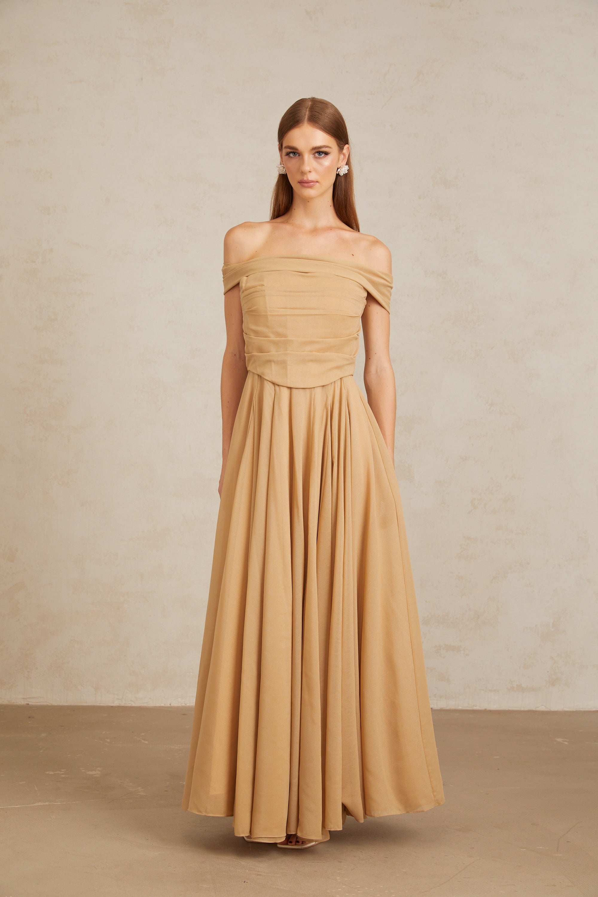 Urbaine Khaki Ruched Tulle Maxi Dress