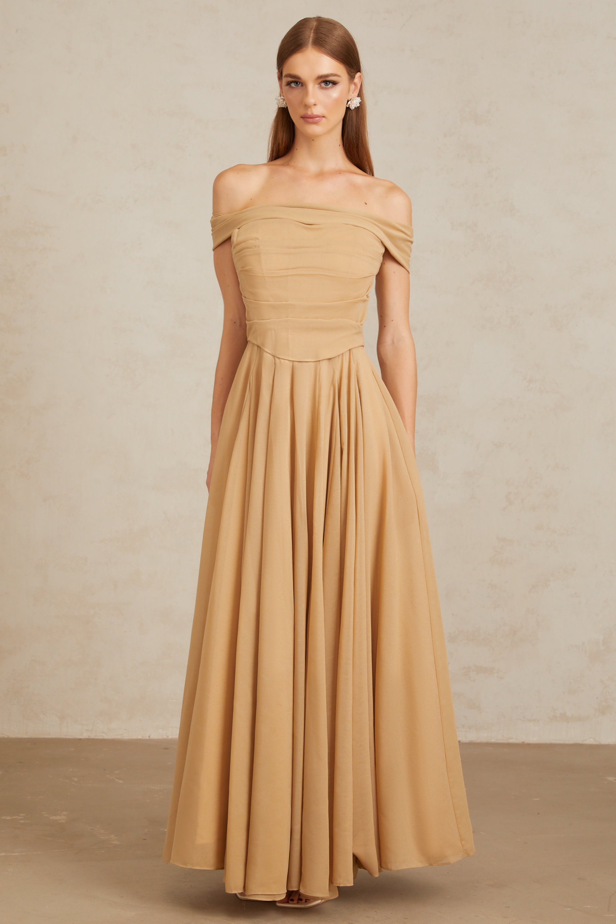 Urbaine Khaki Ruched Tulle Maxi Dress