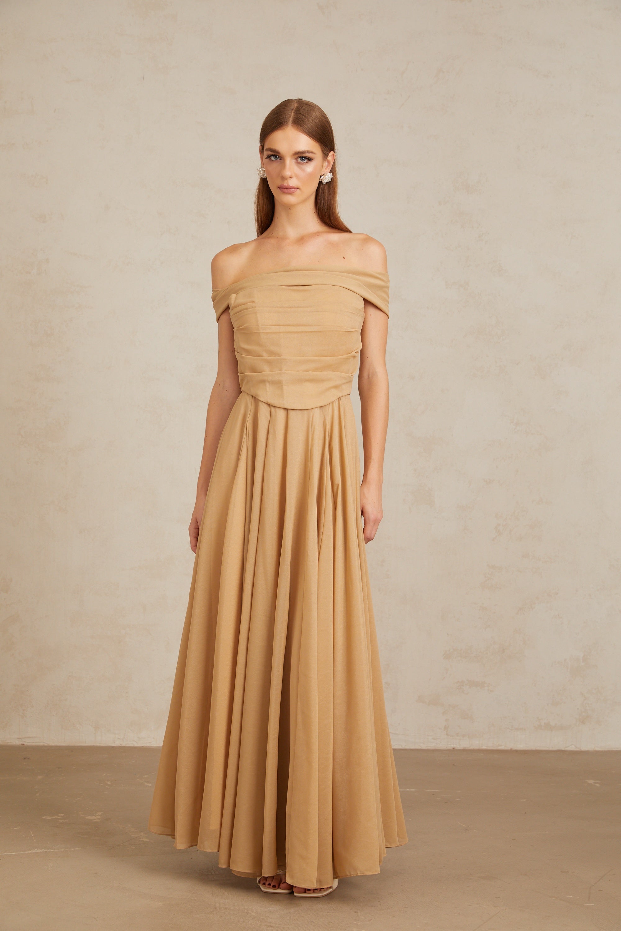 Urbaine Khaki Ruched Tulle Maxi Dress