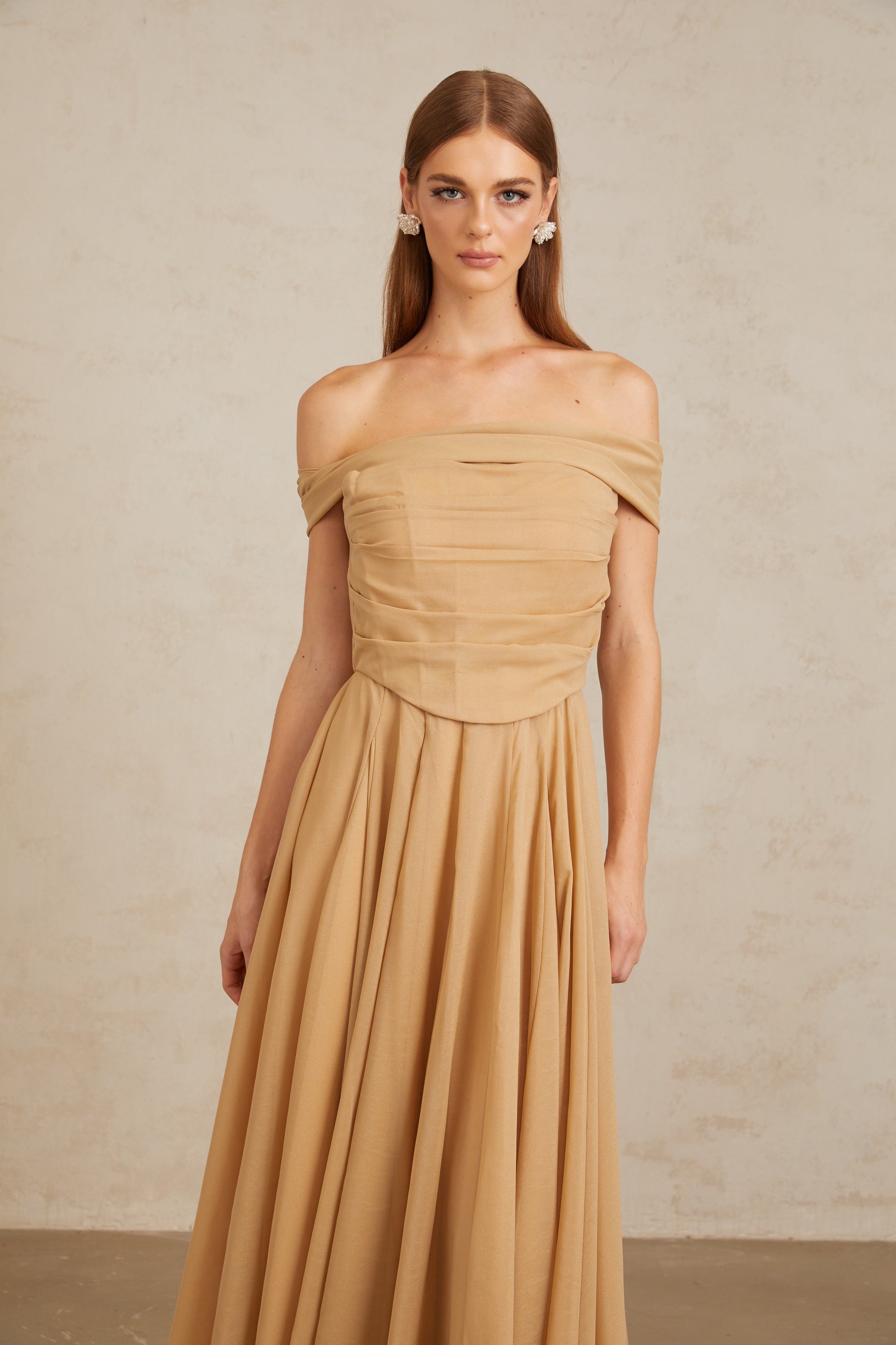 Urbaine Khaki Ruched Tulle Maxi Dress
