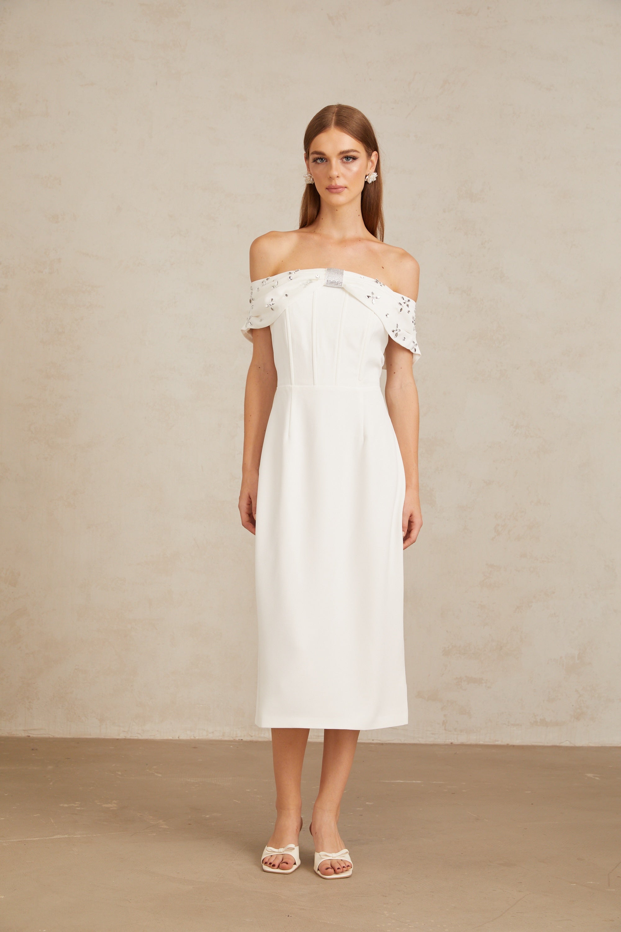 Elli White Off-Shoulder Embellished Midi Dress