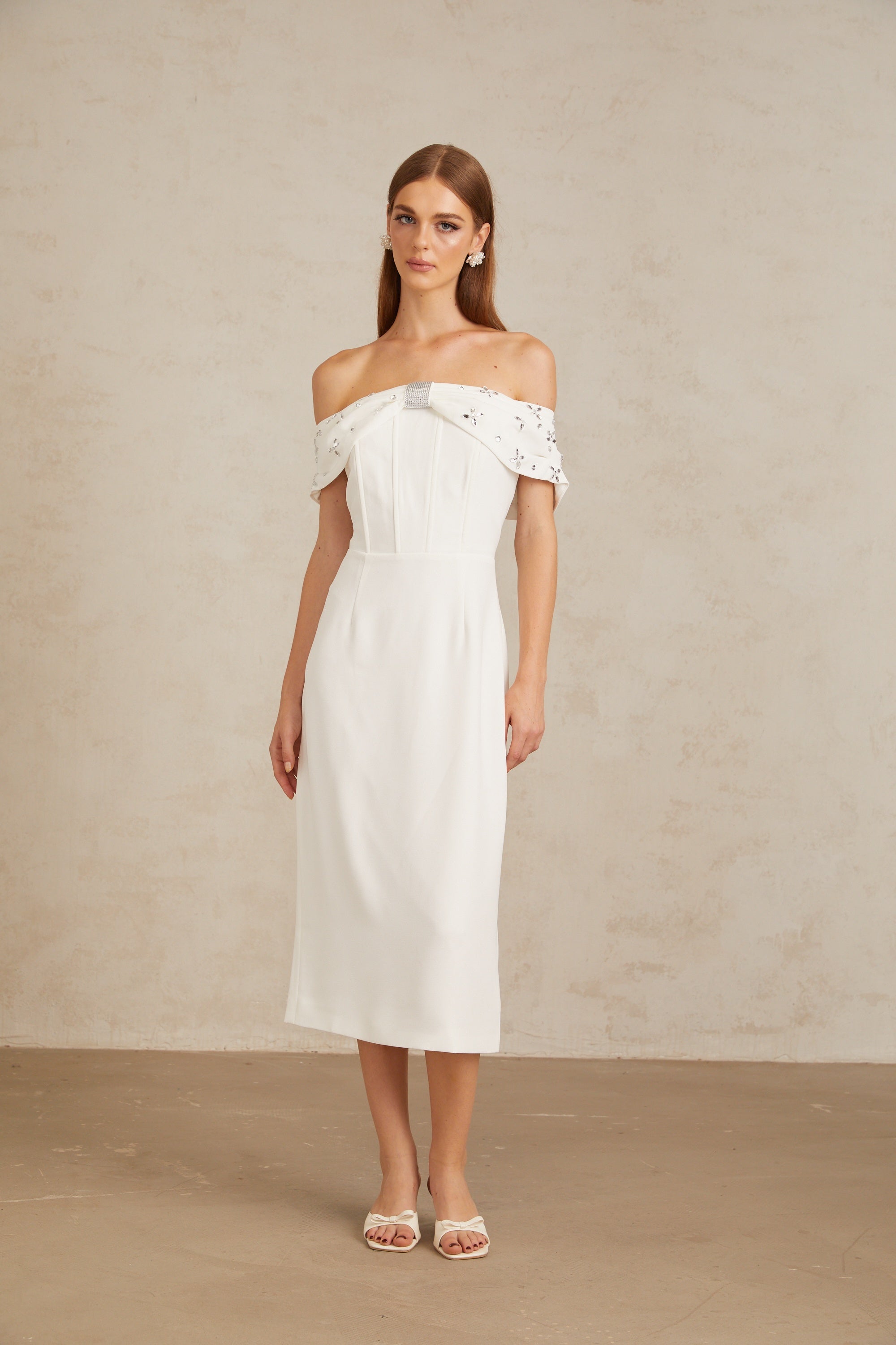 Elli White Off-Shoulder Embellished Midi Dress