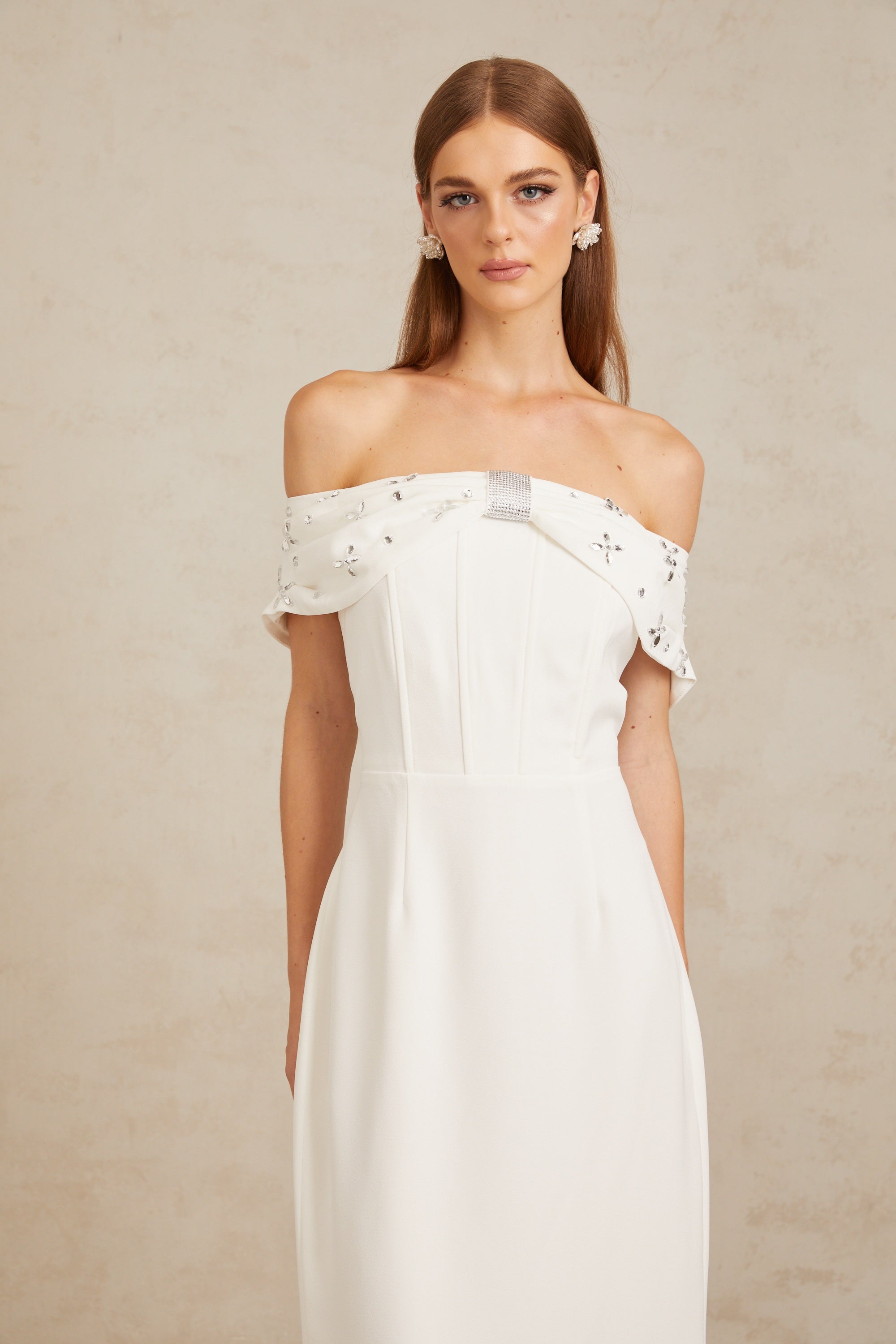 Elli White Off-Shoulder Embellished Midi Dress