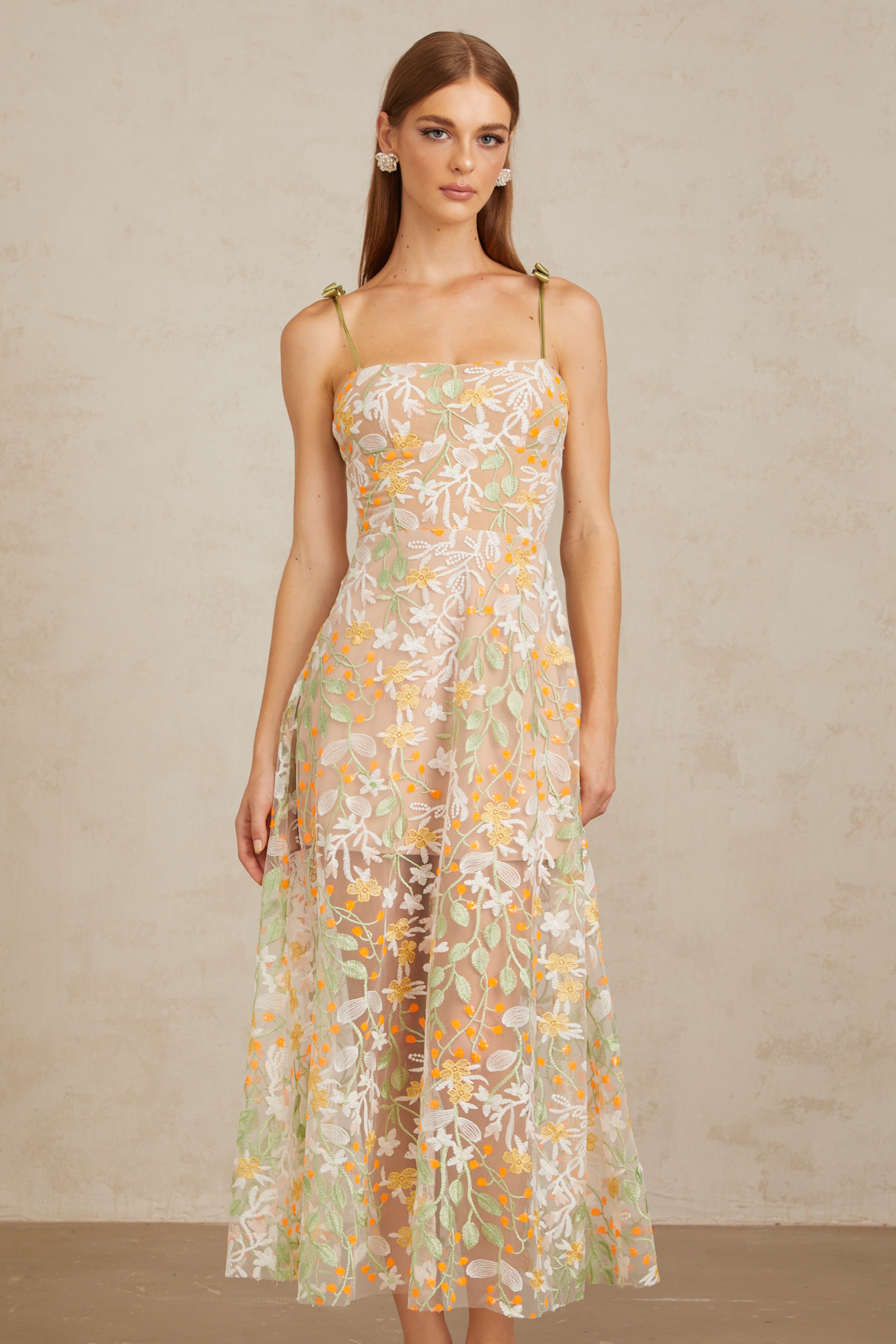 Bérénice Neutral Floral Embroidered Flare Maxi Dress