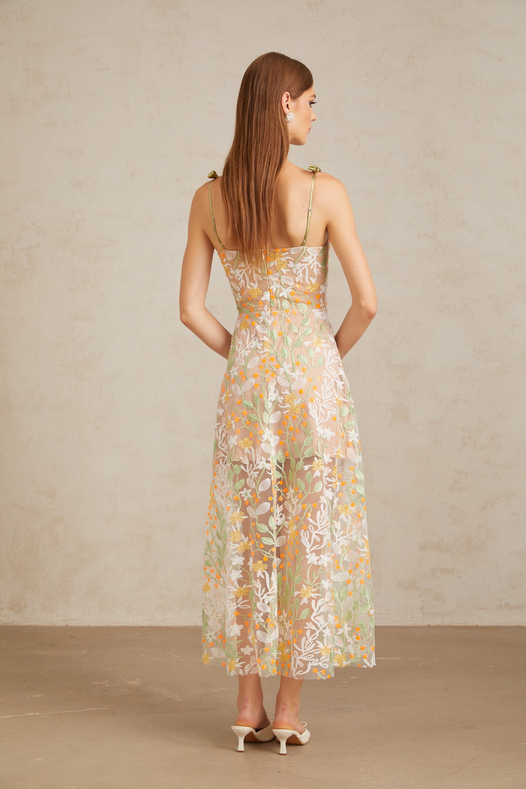 Bérénice Neutral Floral Embroidered Flare Maxi Dress