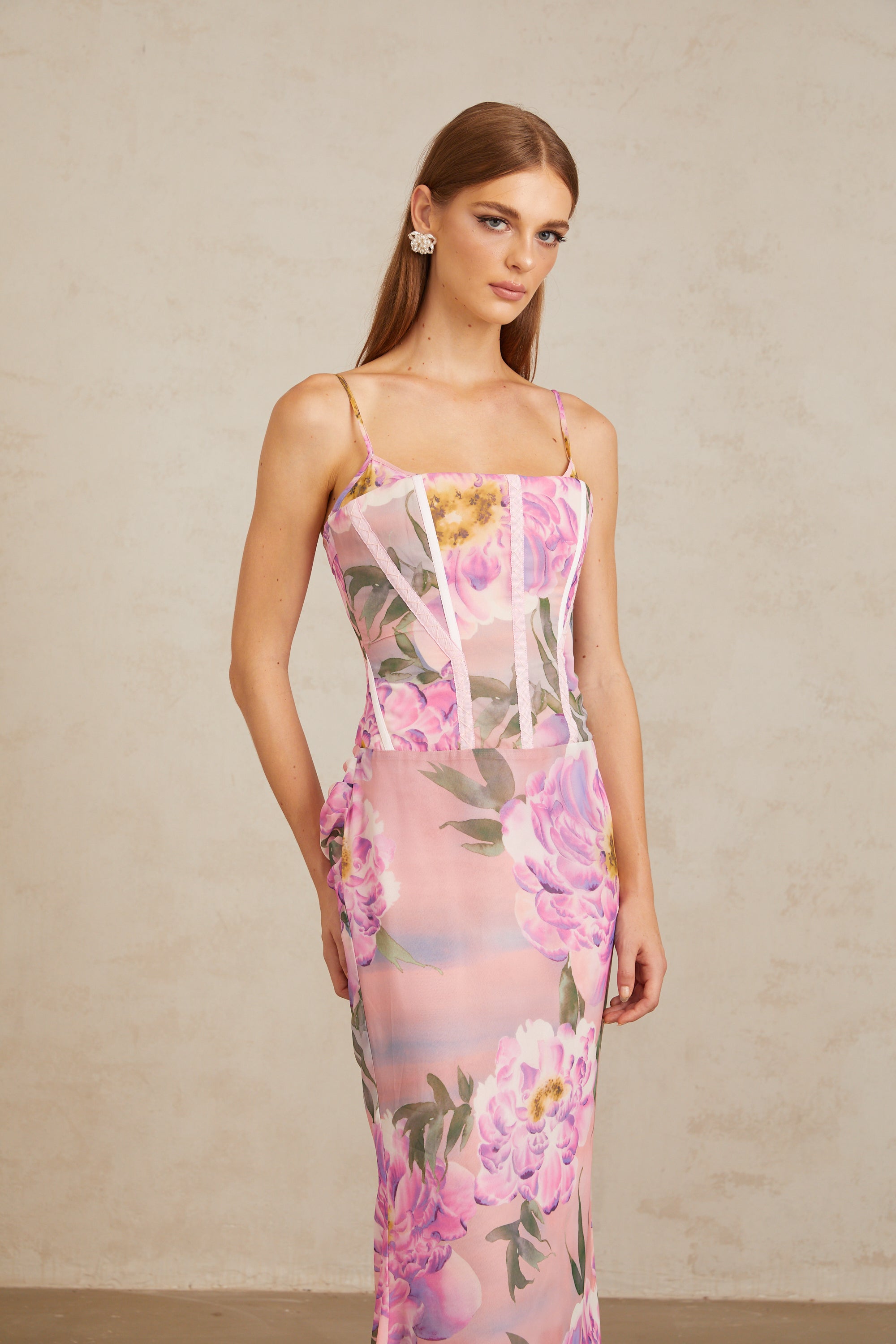 Irène Pink Chiffon Floral Print Maxi Dress