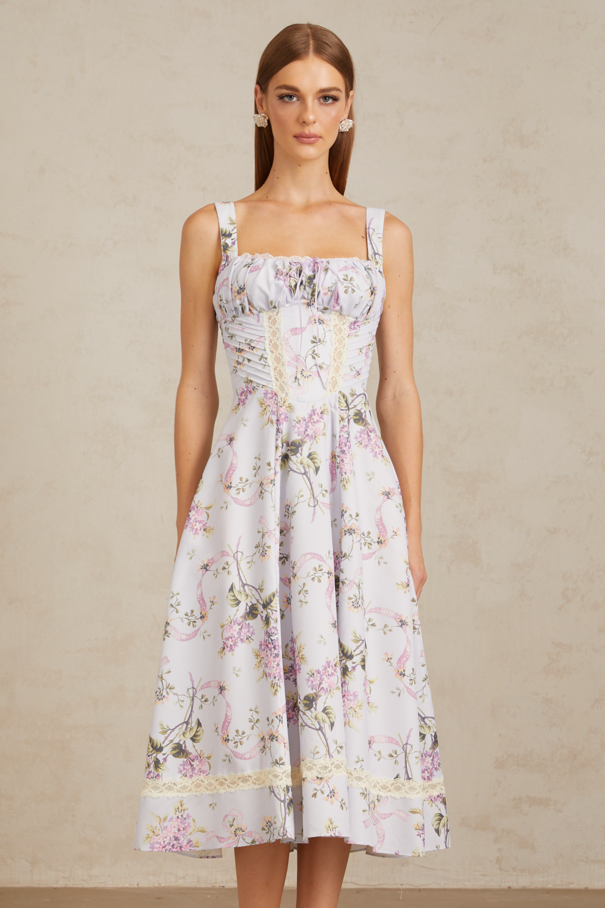 Apolline Lilac Lace Trim Floral Midi Dress (Final Sale)