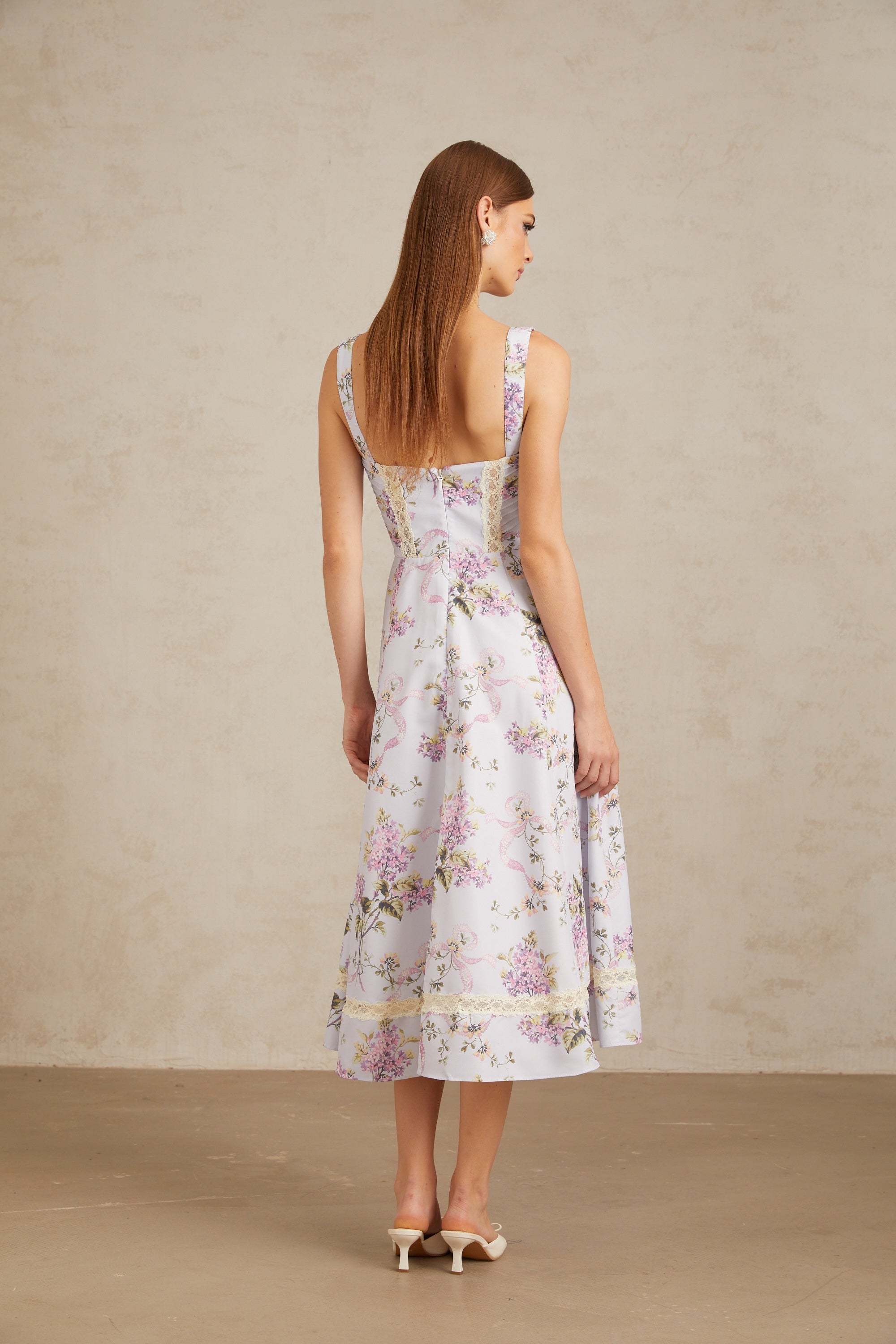 Apolline Lilac Lace Trim Floral Midi Dress