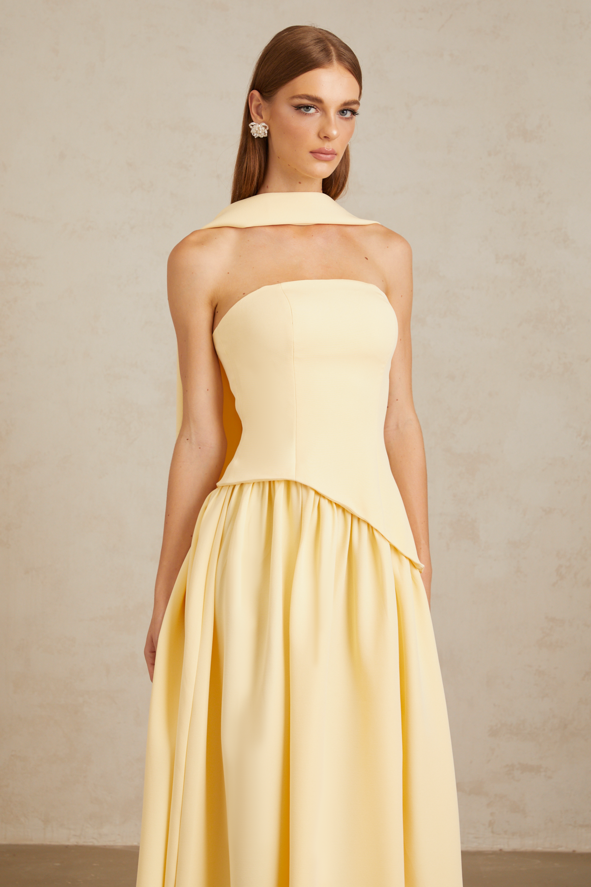 Sidonie Yellow Off-Shoulder Panel Maxi Gown