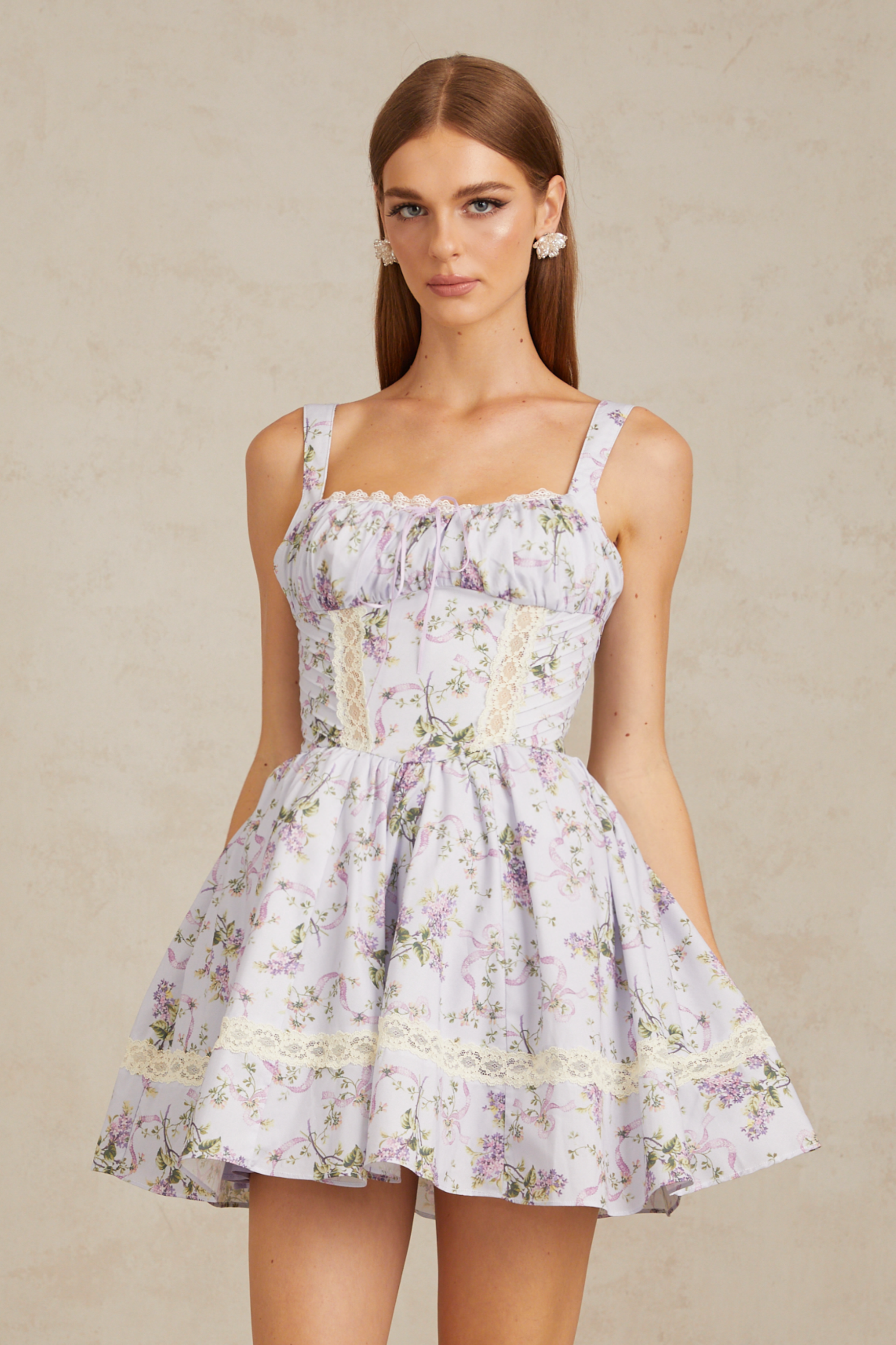 Apolline Lilac Lace Trim Floral Mini Dress (Final Sale)