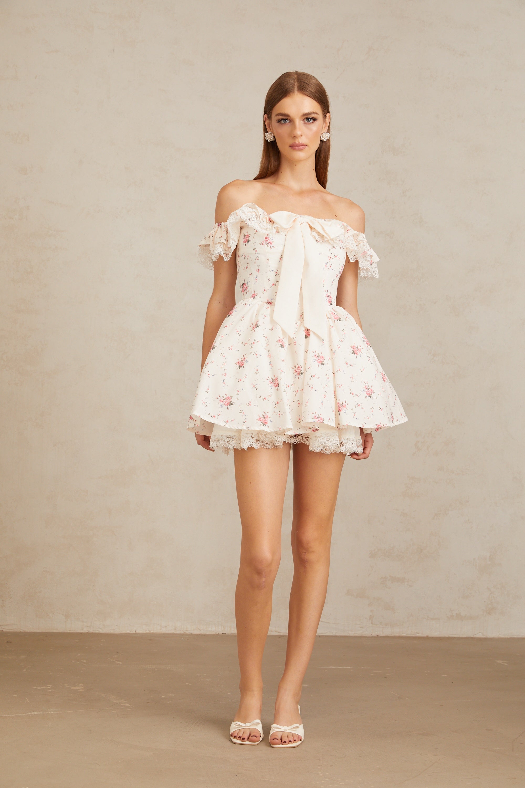 Arsène White Oversize Bow Floral Print Mini Dress