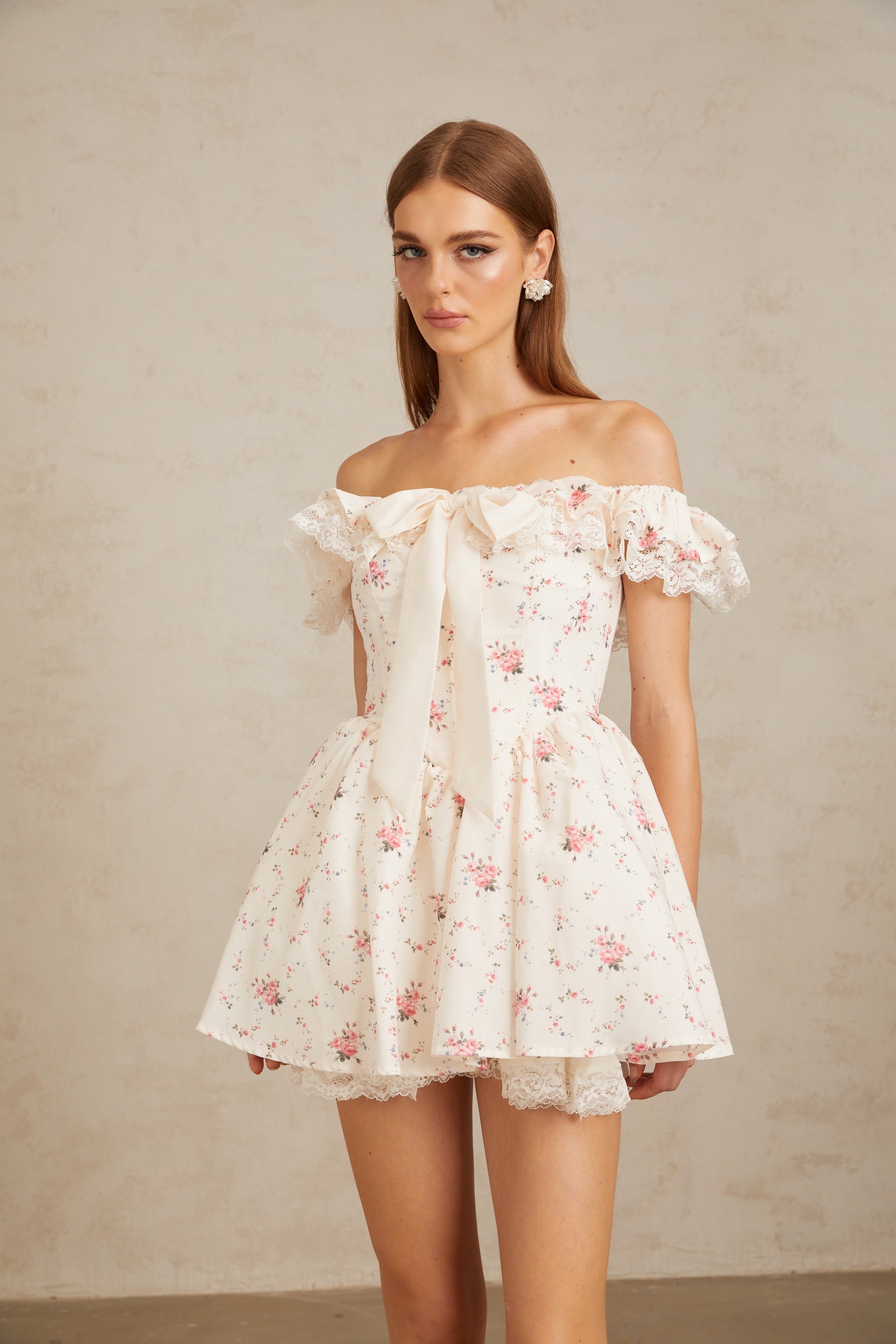 Arsène White Oversize Bow Floral Print Mini Dress