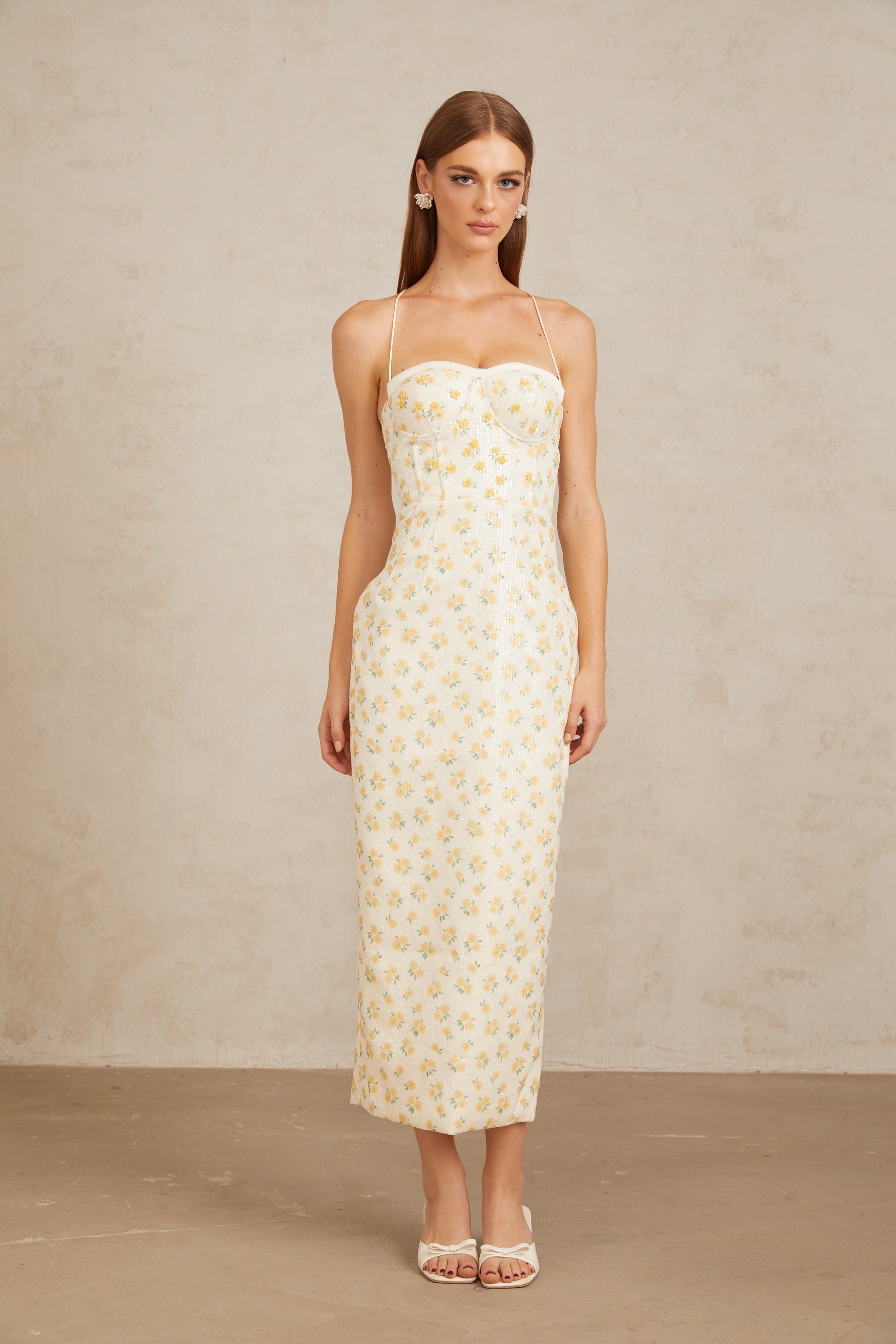 Quincia Yellow Sequined Floral Corset Maxi Gown
