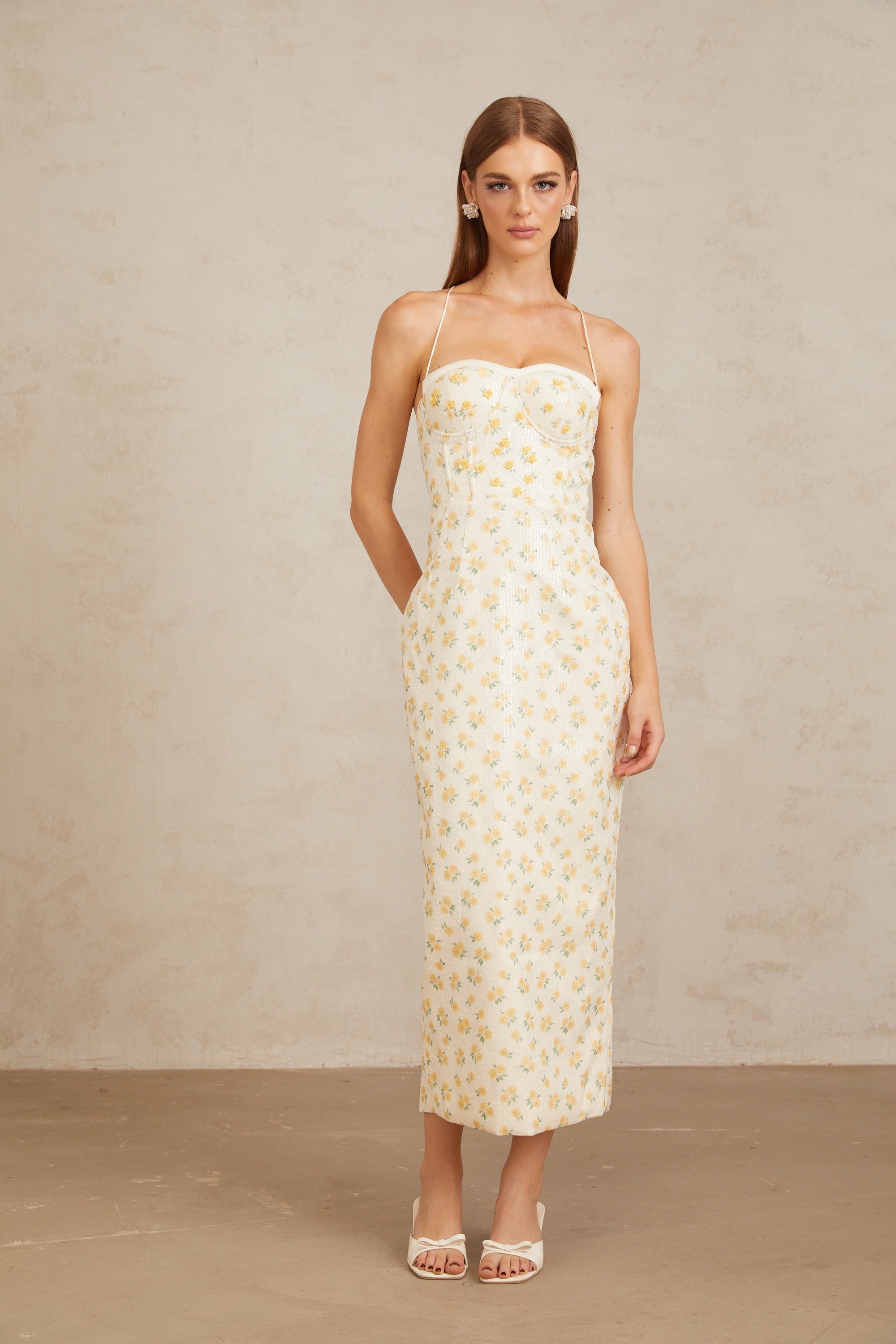 Quincia Yellow Sequined Floral Corset Maxi Gown