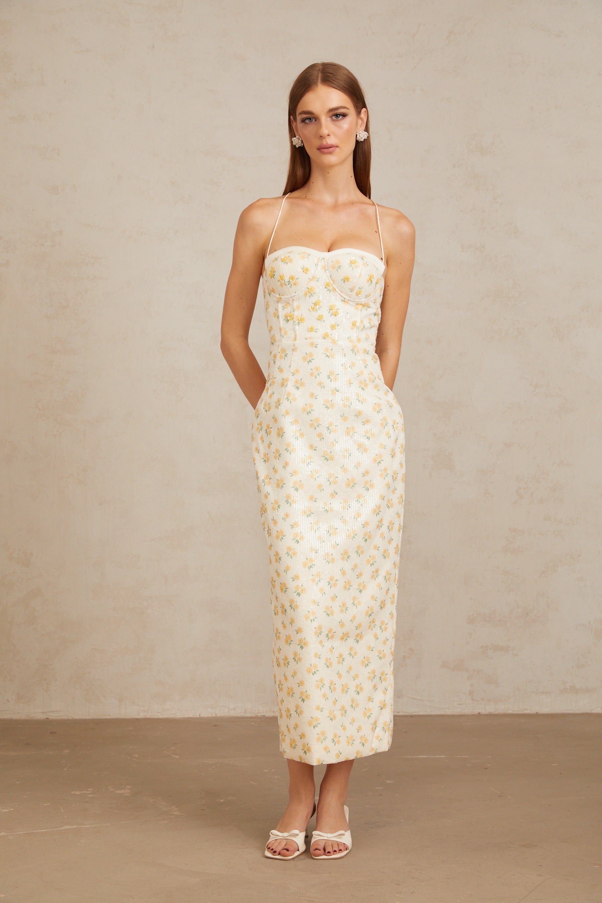 Quincia Yellow Sequined Floral Corset Maxi Gown