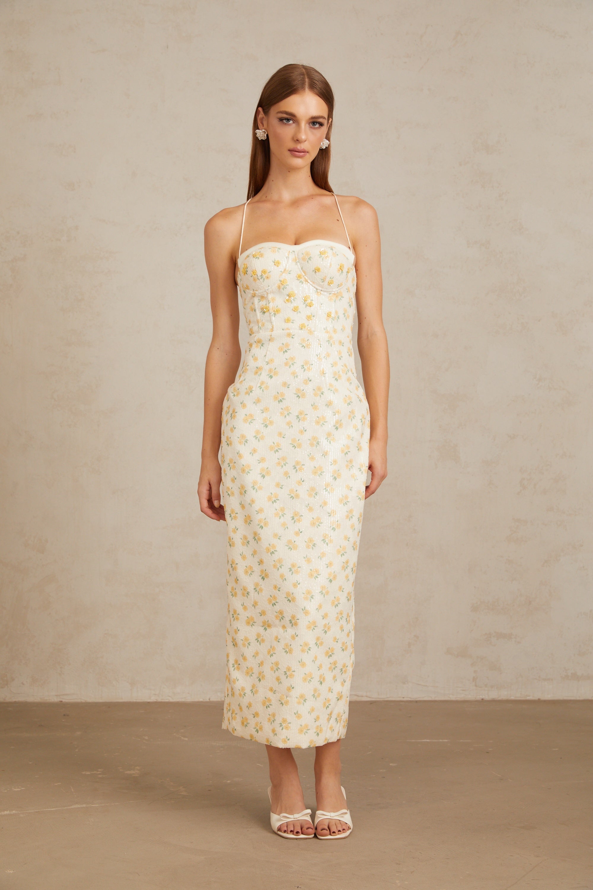 Quincia Yellow Sequined Floral Corset Maxi Gown